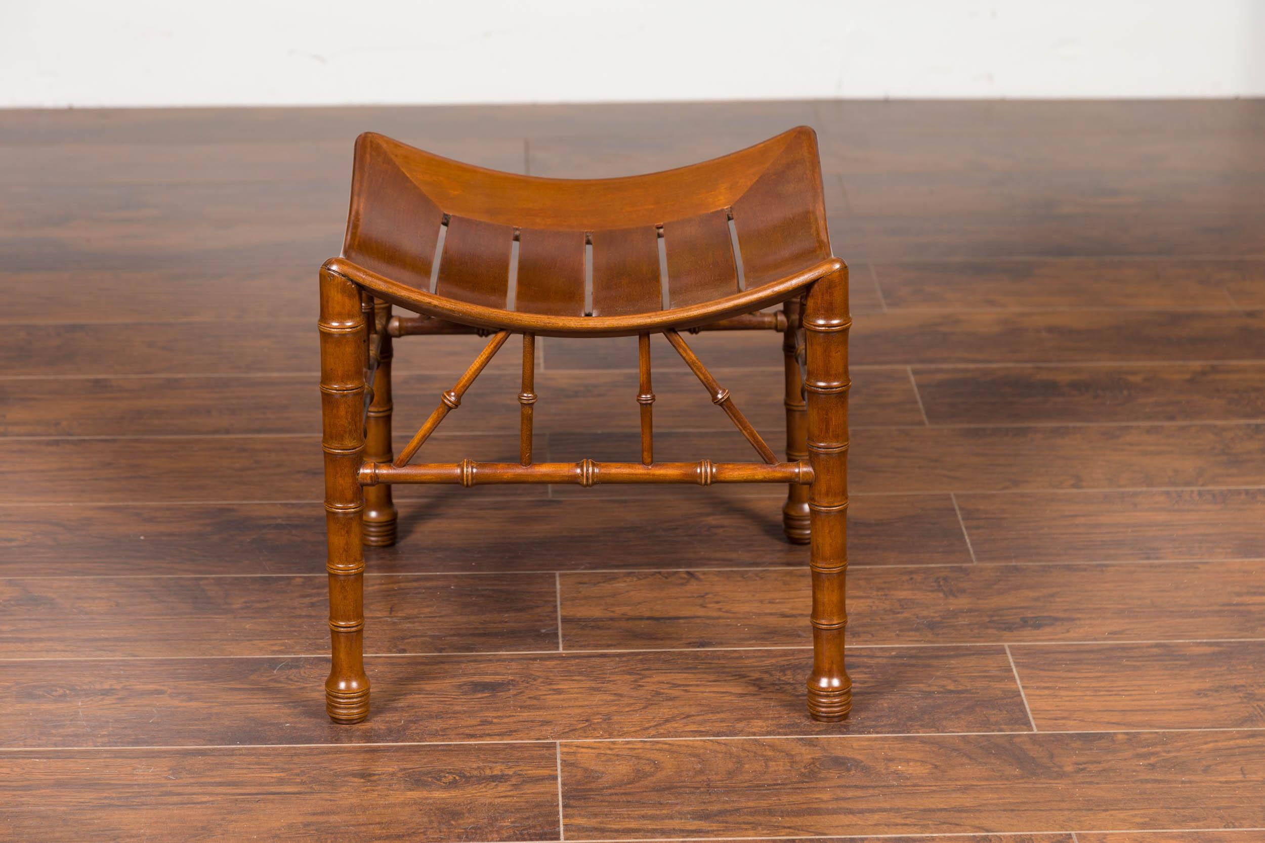 English 1920s Walnut Egyptian Revival Thebes Stool with Faux Bamboo Legs For Sale 1
