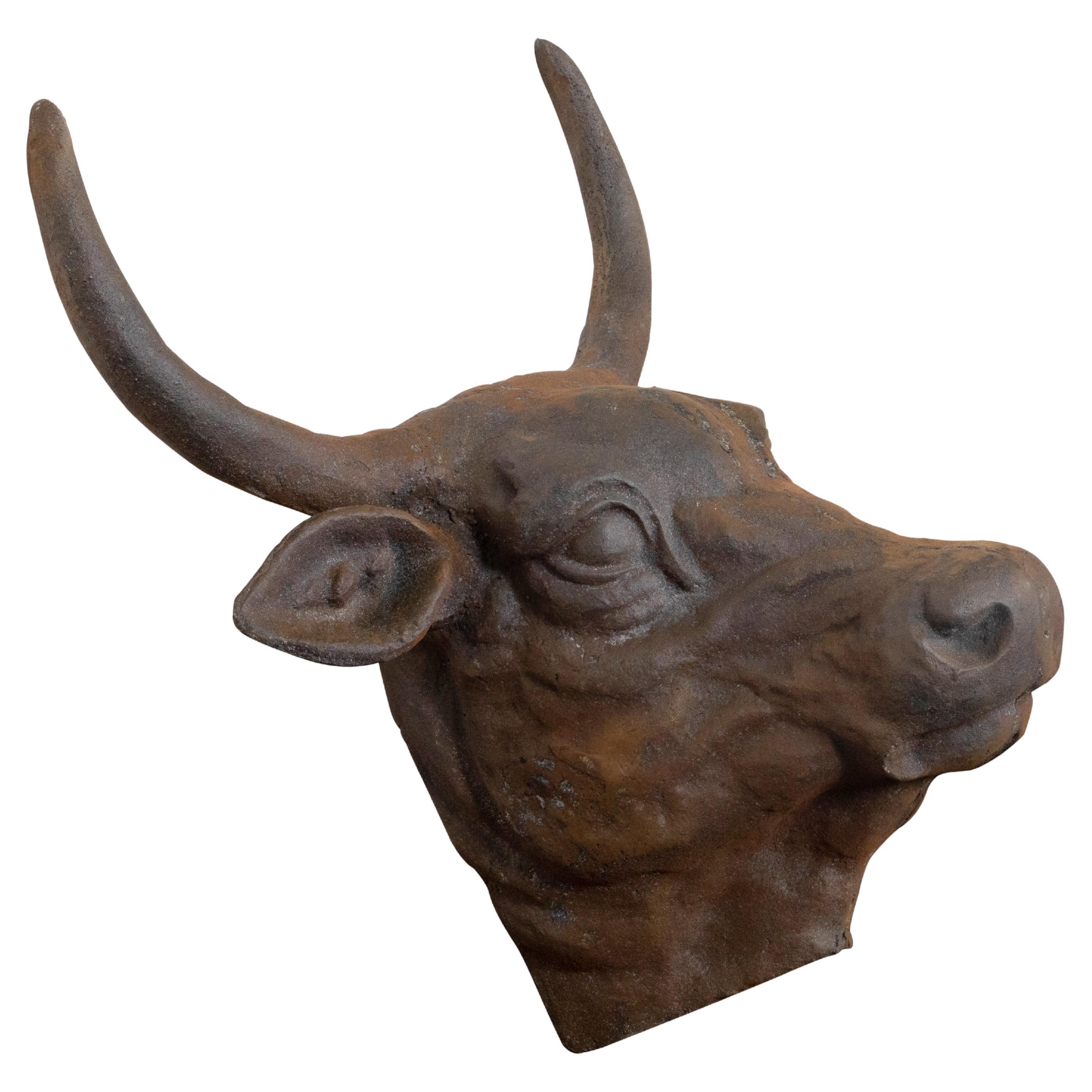 English 1930s-1940s Cast Iron Bull Wall Hanging Sculpture with Rusty Patina