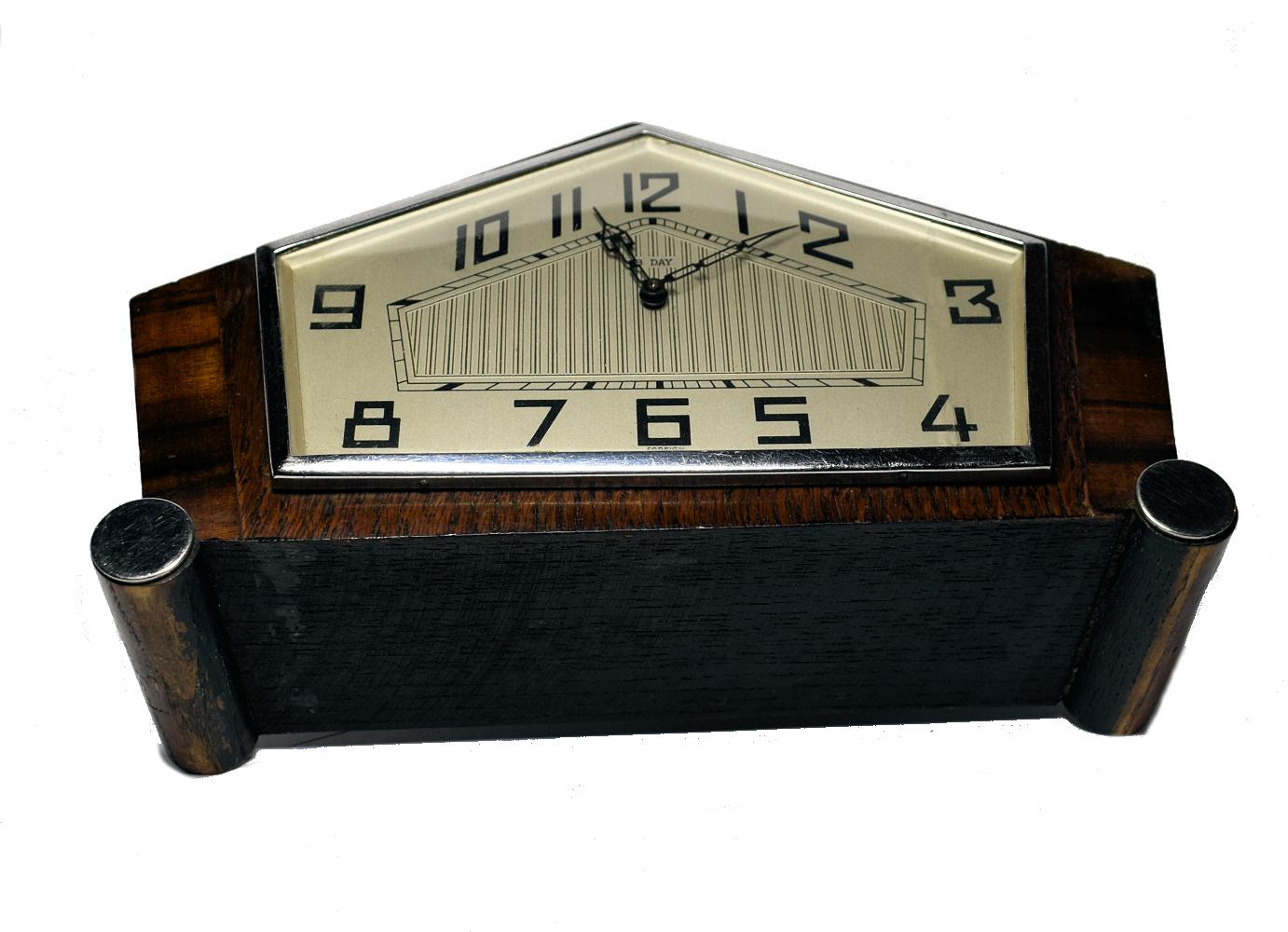 20th Century English 1930s Art Deco 8 Day Walnut Mantle Clock