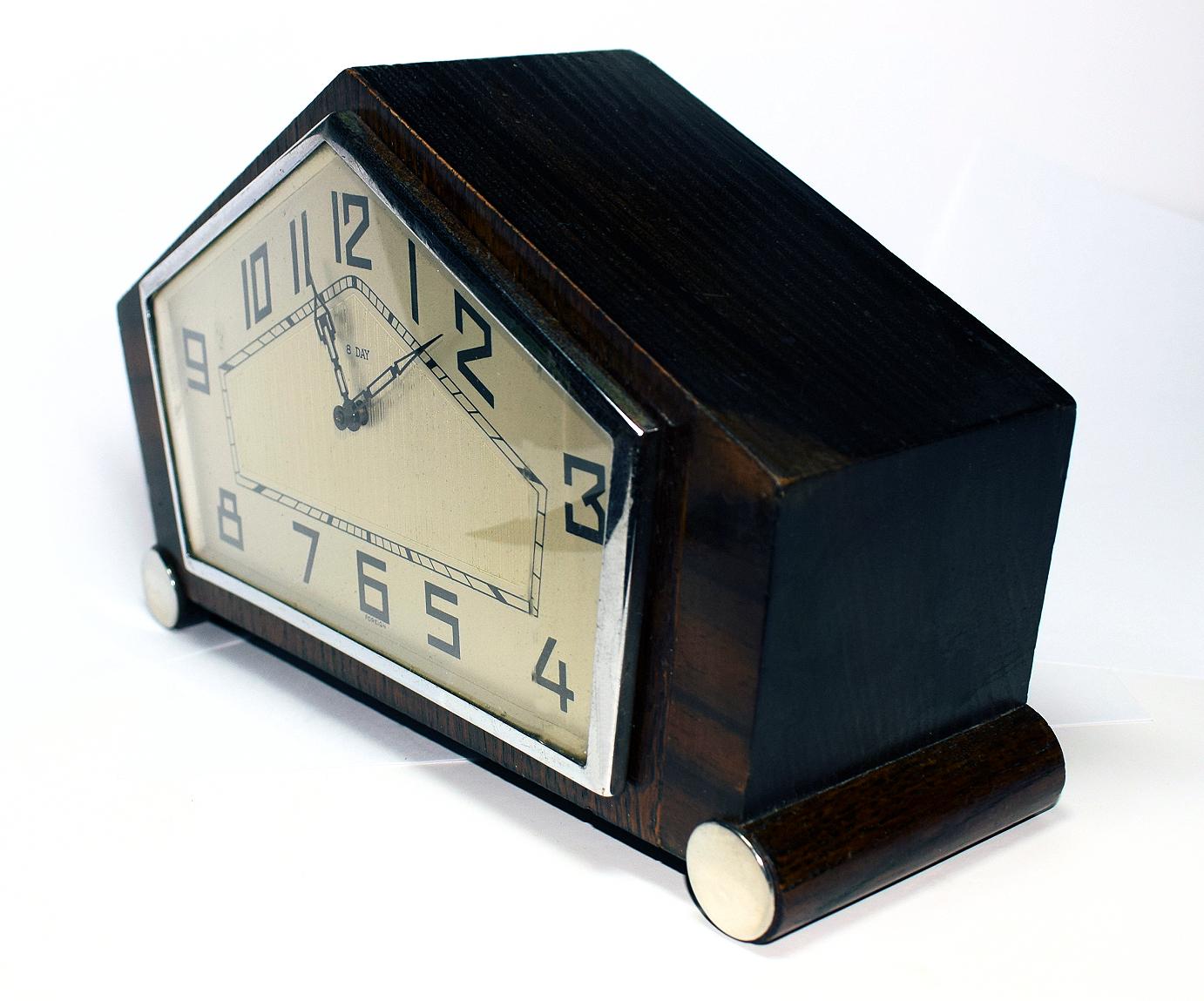 Metal English 1930s Art Deco 8 Day Walnut Mantle Clock