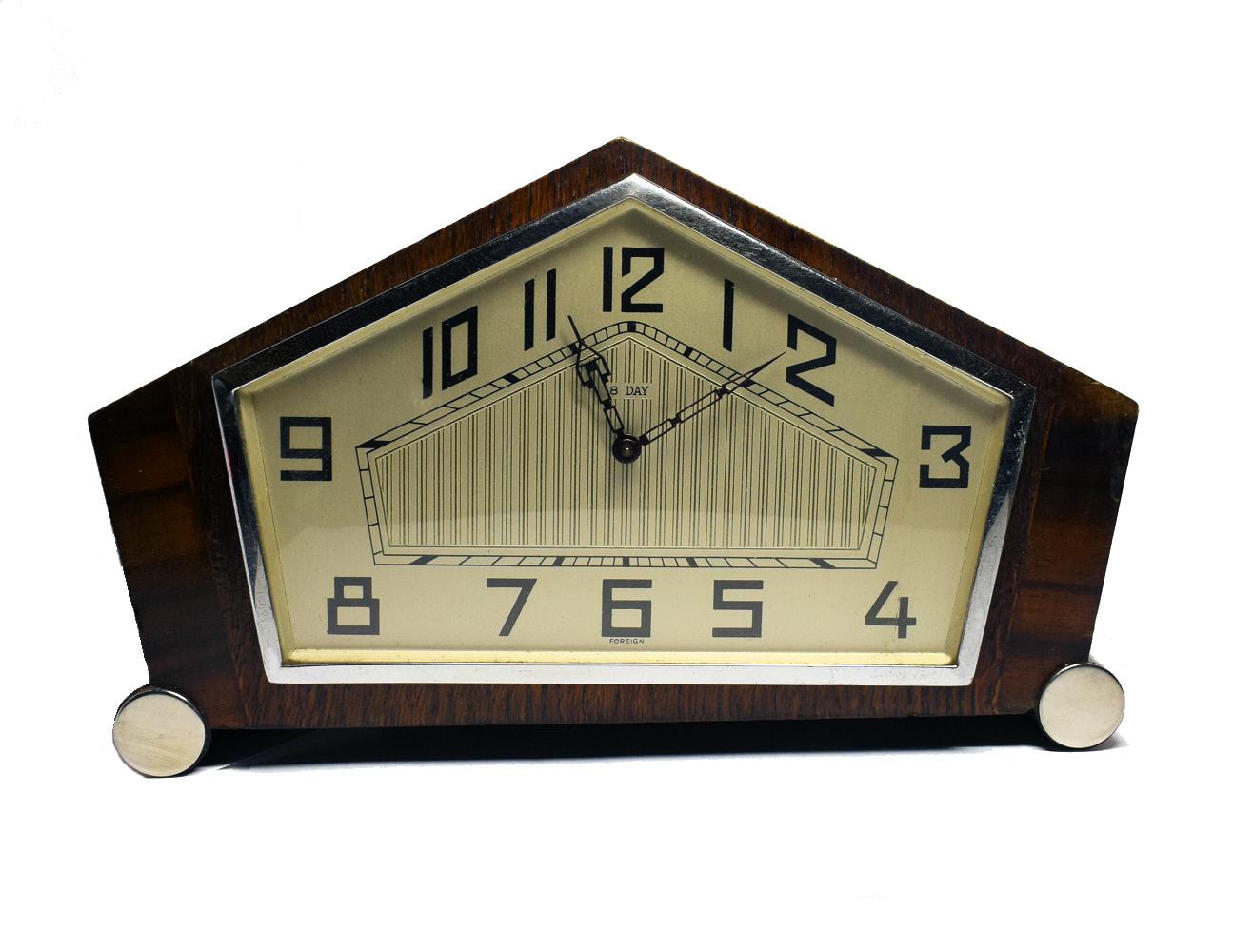 English 1930s Art Deco 8 Day Walnut Mantle Clock 1