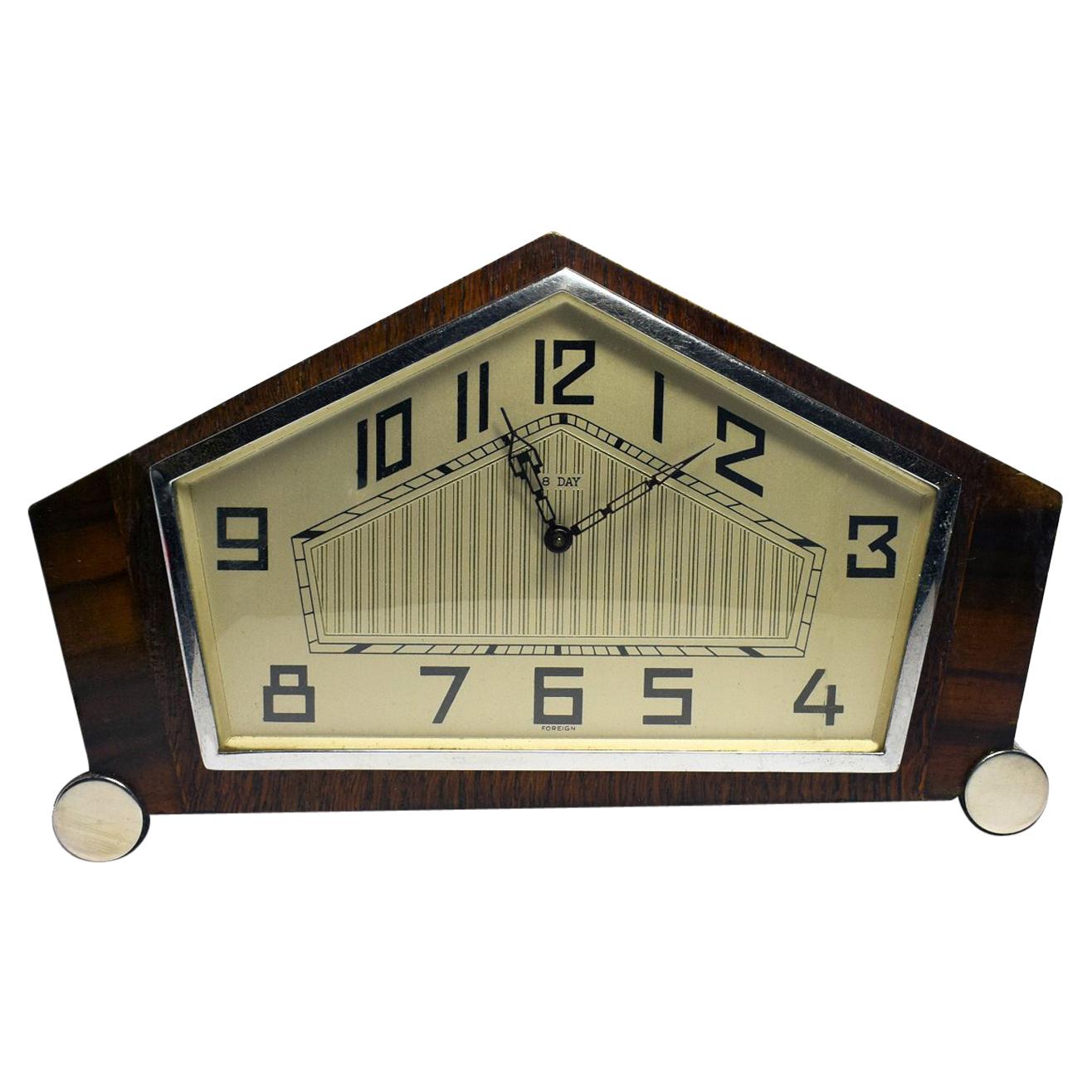 English 1930s Art Deco 8 Day Walnut Mantle Clock