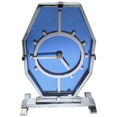 English 1930s Art Deco Blue Glass and Chrome Modernist Clock