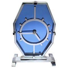 English 1930s Art Deco Blue Glass and Chrome Modernist Clock