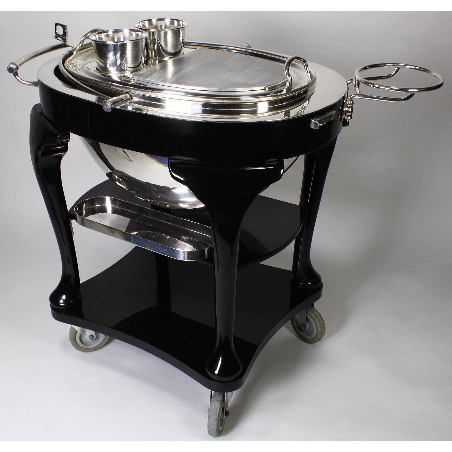 English 1930s Art Deco Ebonized & Silver Plated Beef/Turkey/Lamb Carving Trolley In Fair Condition For Sale In Los Angeles, CA