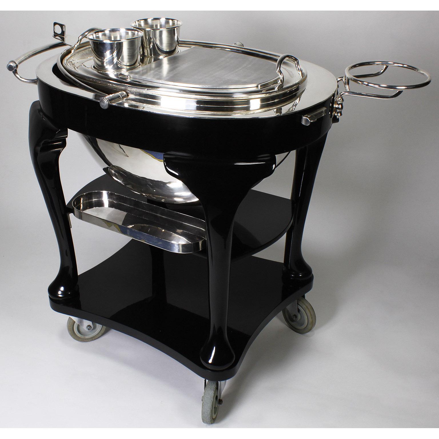 English 1930s Art Deco Ebonized & Silver Plated Beef/Turkey/Lamb Carving Trolley In Fair Condition In Los Angeles, CA