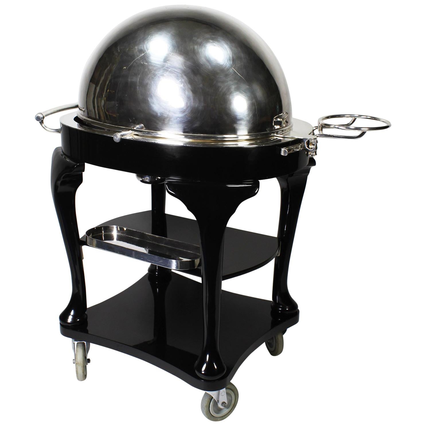 English 1930s Art Deco Ebonized & Silver Plated Beef/Turkey/Lamb Carving Trolley For Sale