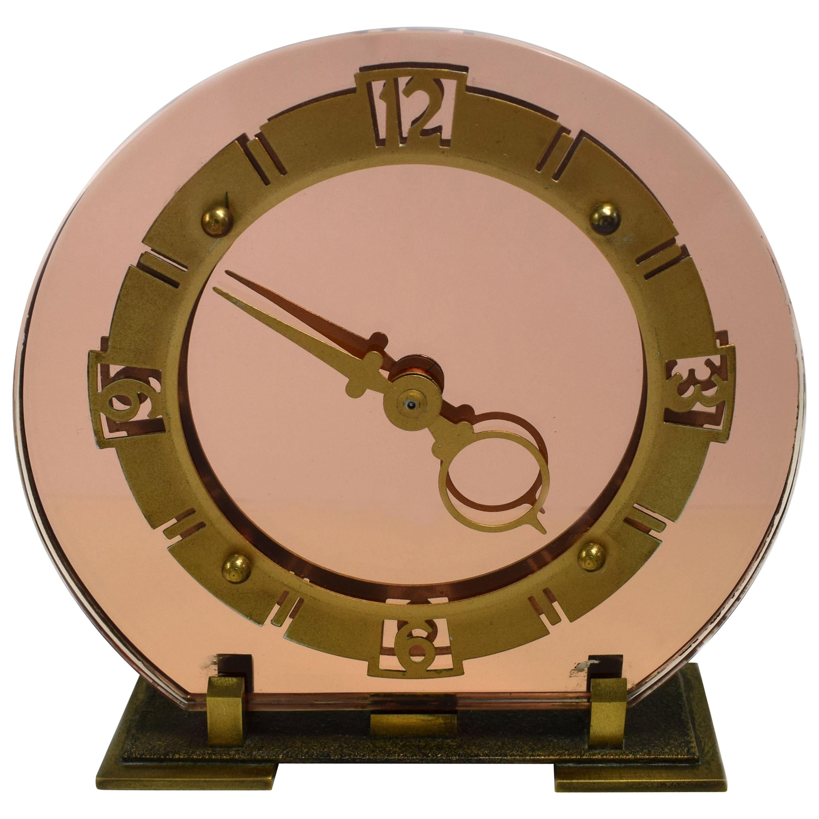 English 1930s Art Deco Peach Mirrored Clock