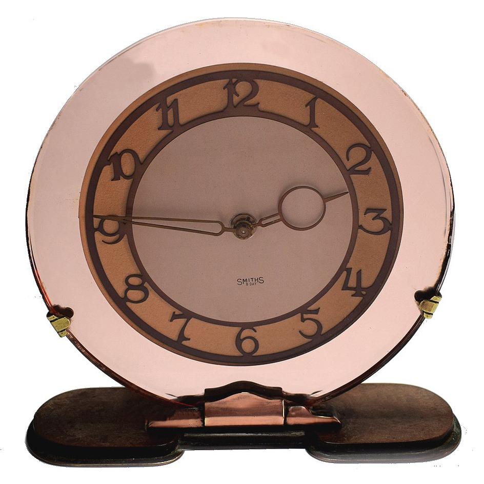 English 1930s Art Deco Peach Mirrored Clock