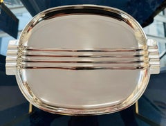 English 1930s Art Deco Silver Plated Serving Tray or Dish with Grooved Handles