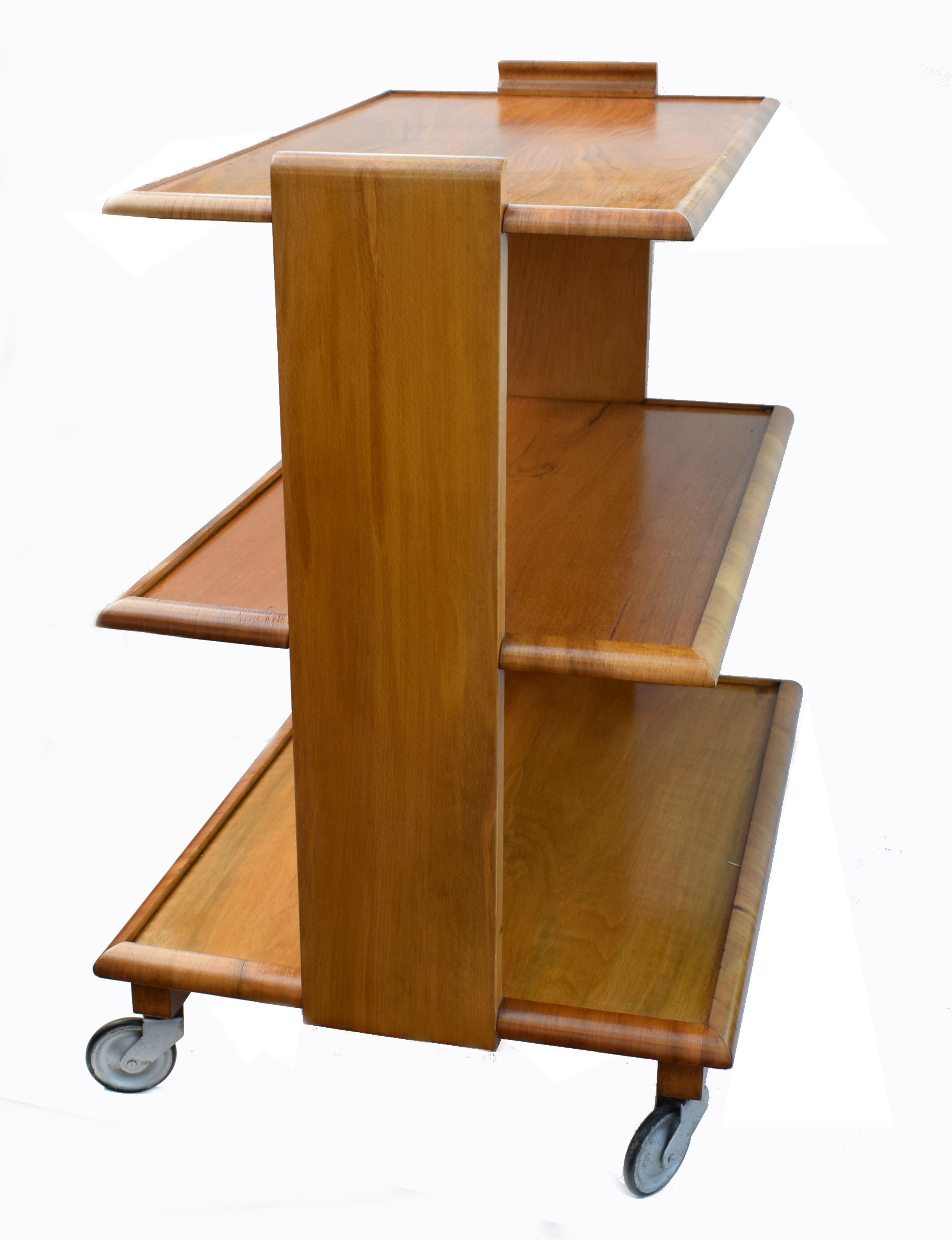 English 1930s Art Deco Walnut Three-Tier Trolley Bar Cart 1