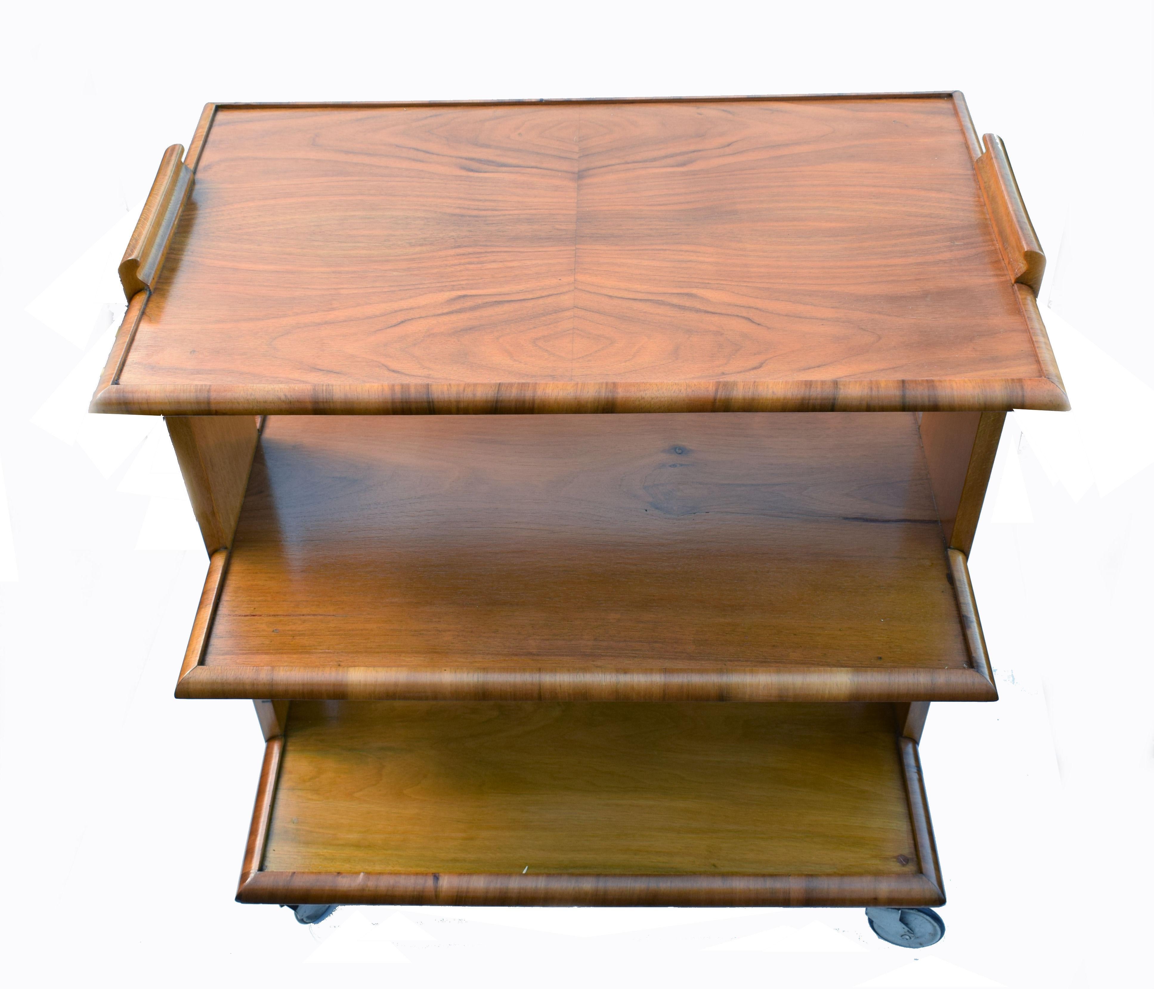 English 1930s Art Deco Walnut Three-Tier Trolley Bar Cart 3