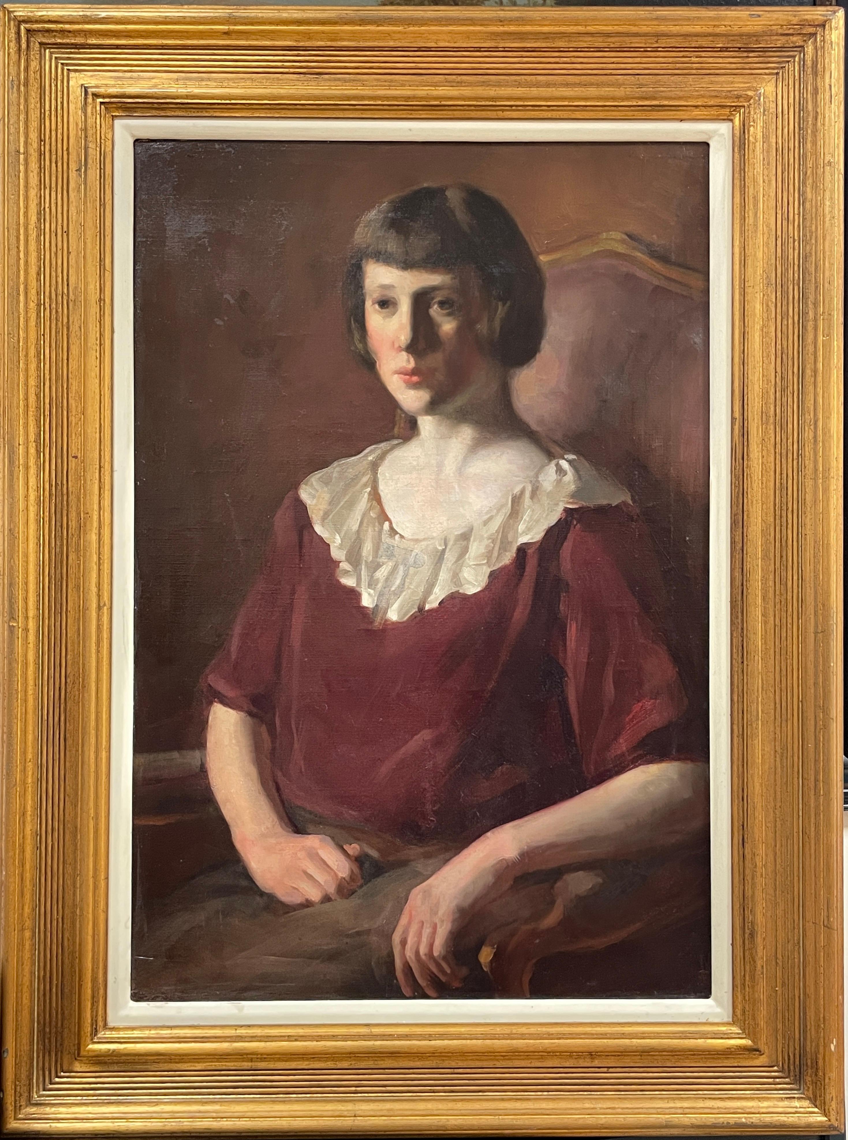 1930's English Impressionist Portrait of Young Lady Seated in Chair, Large Oil - Painting by English 1930's