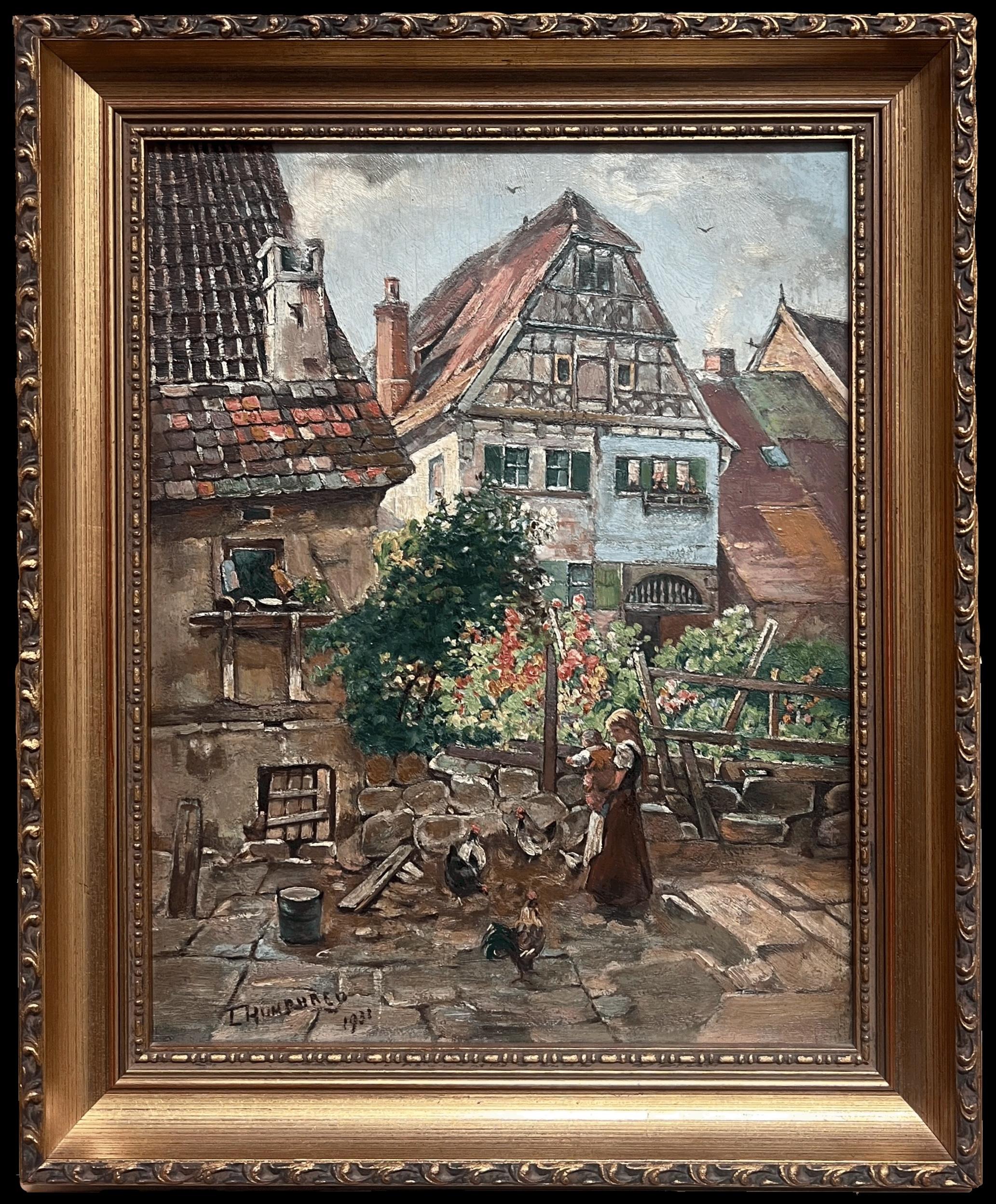 Charming English Village Street Scene Young Mother & Child Chickens Cottages - Painting by English 1930's