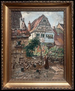 Charming English Village Street Scene Young Mother & Child Chickens Cottages