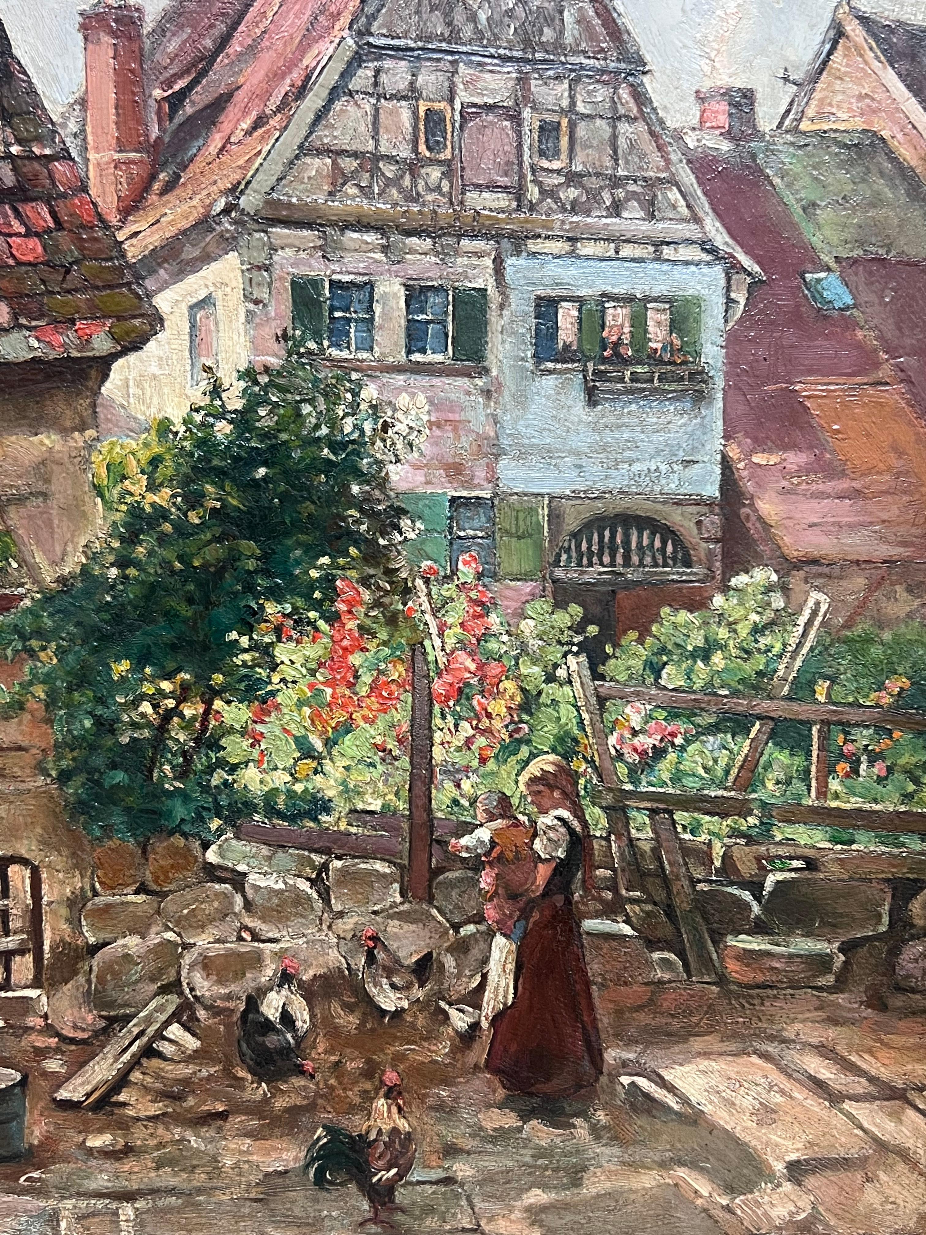 Charming English Village Street Scene Young Mother & Child Chickens Cottages - Post-Impressionist Painting by English 1930's