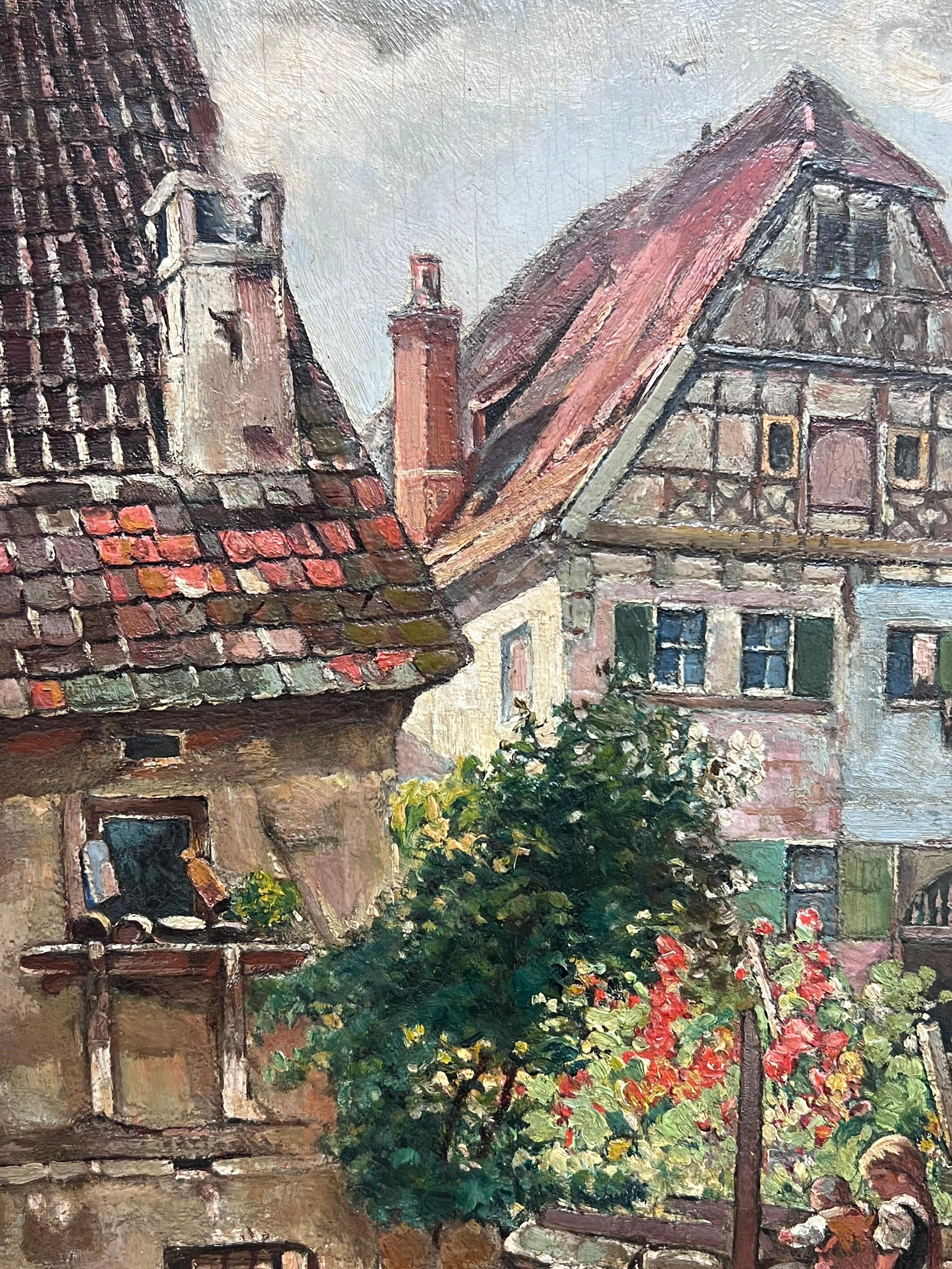 Charming English Village Street Scene Young Mother & Child Chickens Cottages - Gray Animal Painting by English 1930's