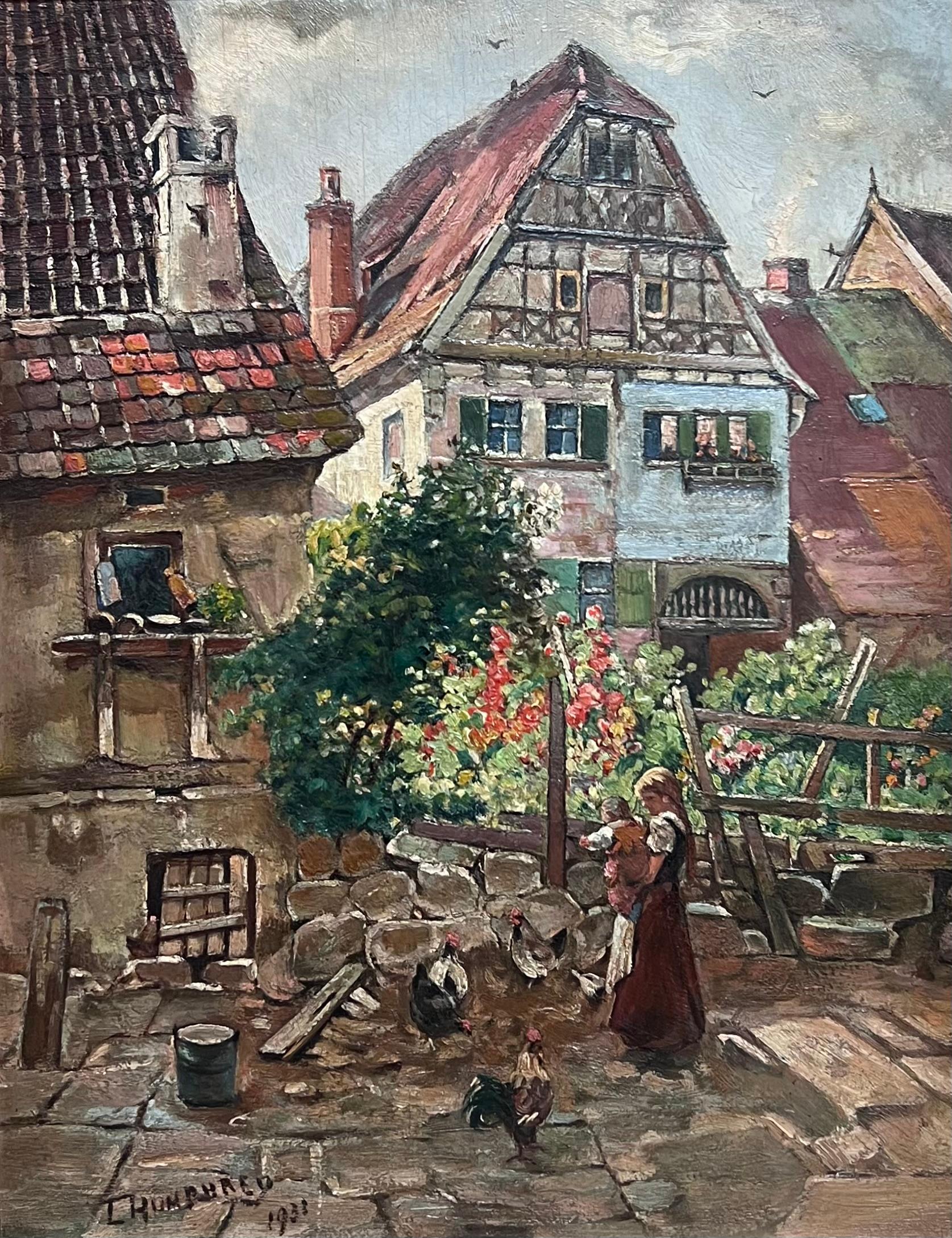 English 1930's Animal Painting - Charming English Village Street Scene Young Mother & Child Chickens Cottages