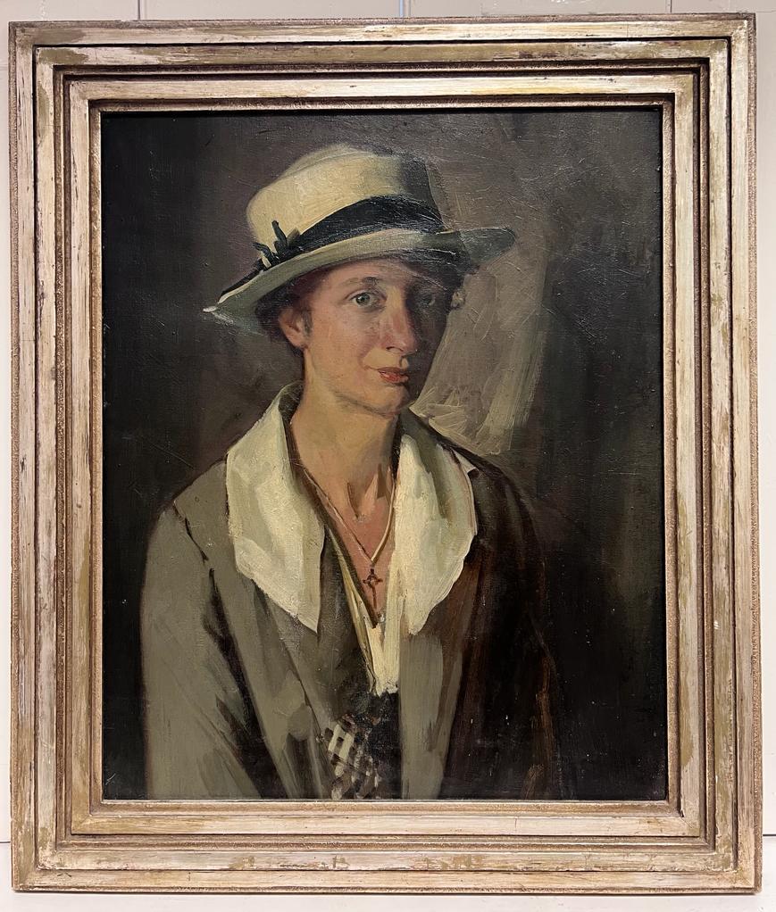 Large 1930's English Portrait of a Lady in a Hat Beautiful Quality Original Work - Painting by English 1930's