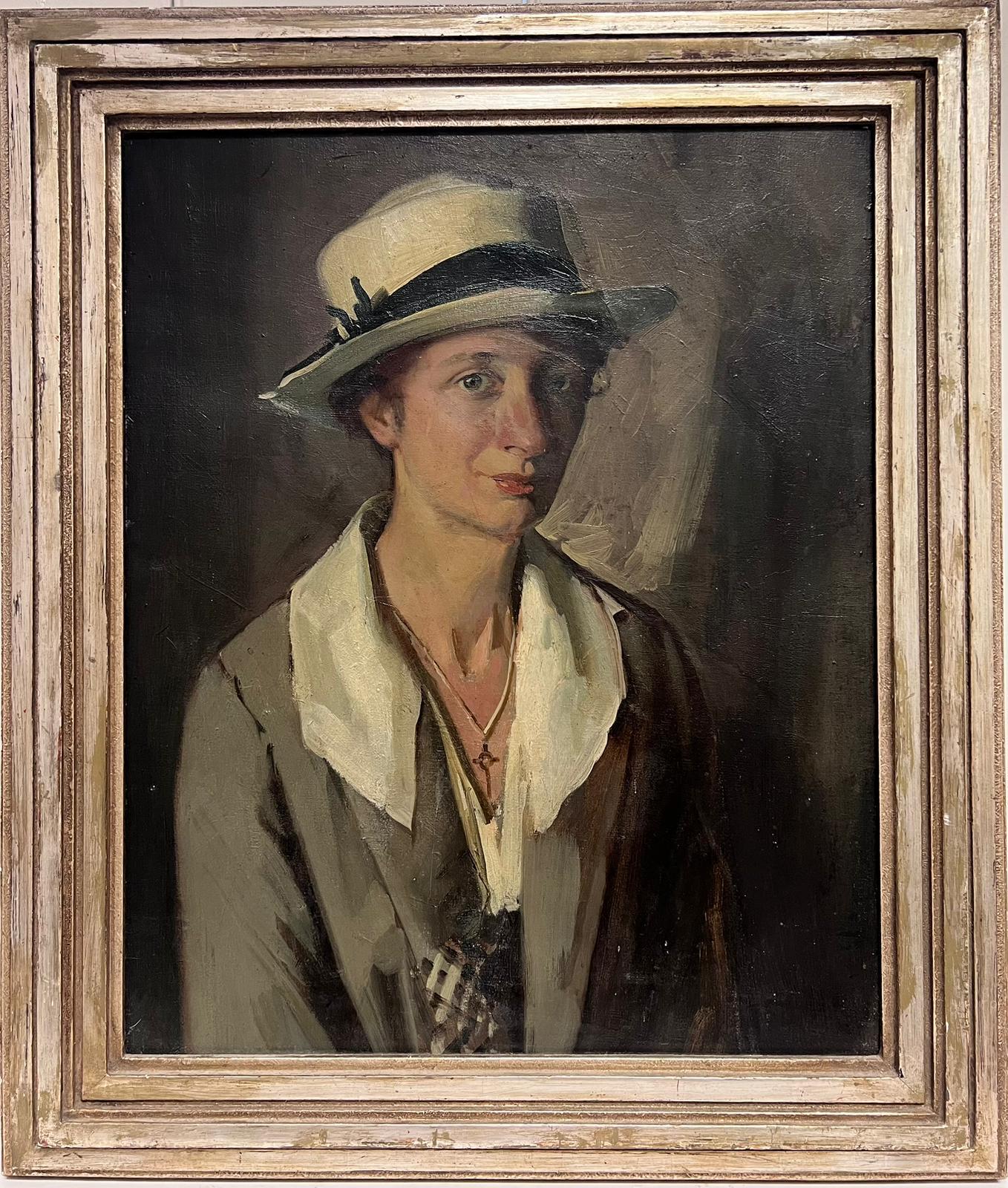 Large 1930's English Portrait of a Lady in a Hat Beautiful Quality Original Work - Impressionist Painting by English 1930's