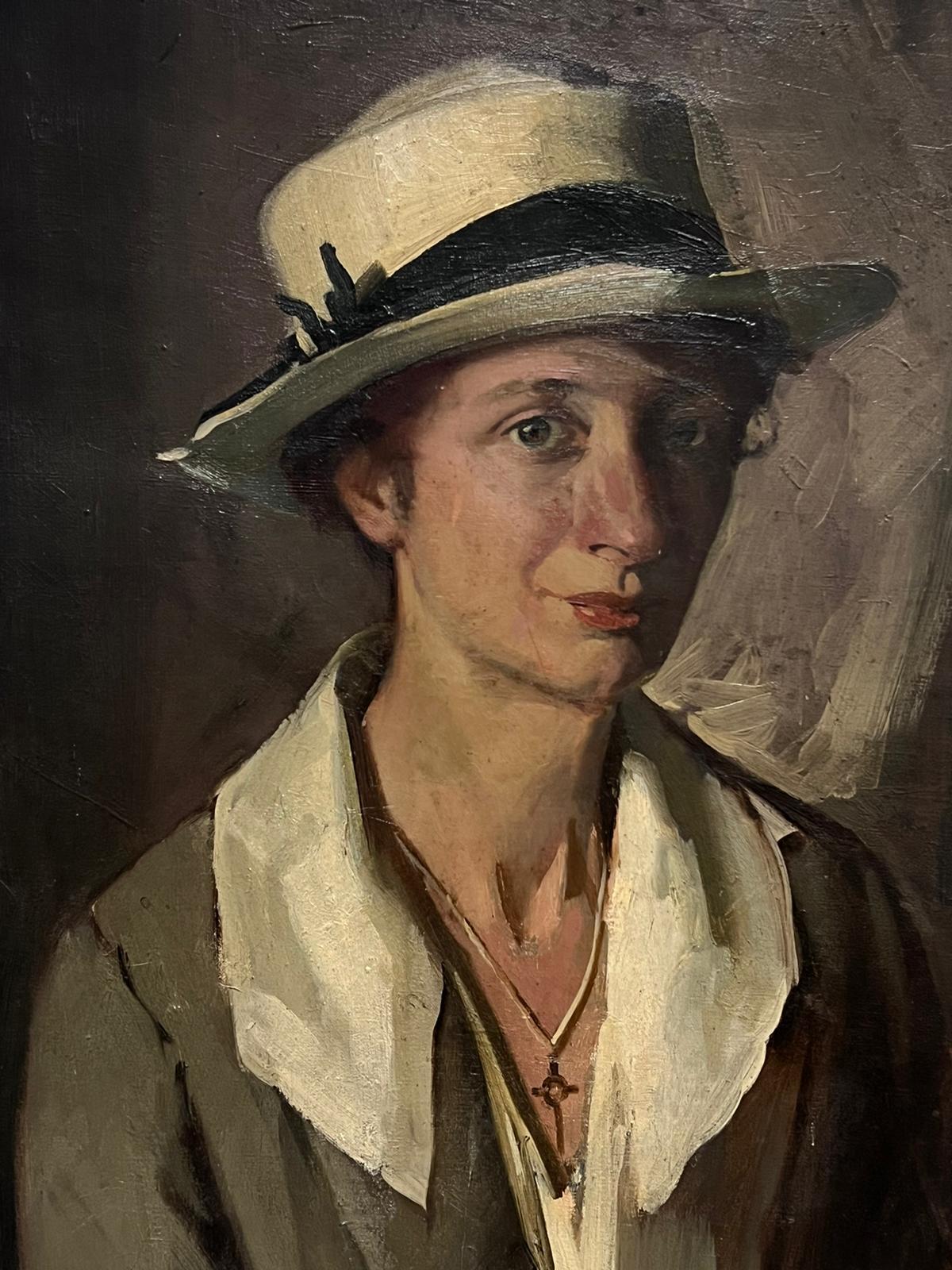 Large 1930's English Portrait of a Lady in a Hat Beautiful Quality Original Work For Sale 3