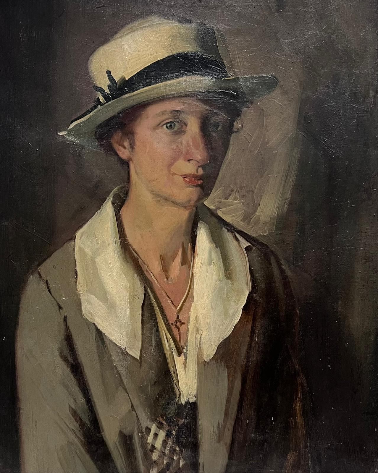 English 1930's Figurative Painting - Large 1930's English Portrait of a Lady in a Hat Beautiful Quality Original Work