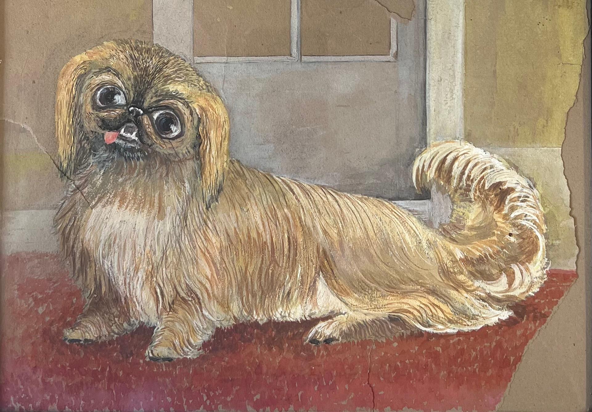 Cane inglese vintage dipinto ad acquerello Ritratto d'arte popolare naif Cane pechinese - Painting di English 1930's