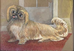 Aquarelle vintage d'un chien pékinois portrait d'art populaire naïf