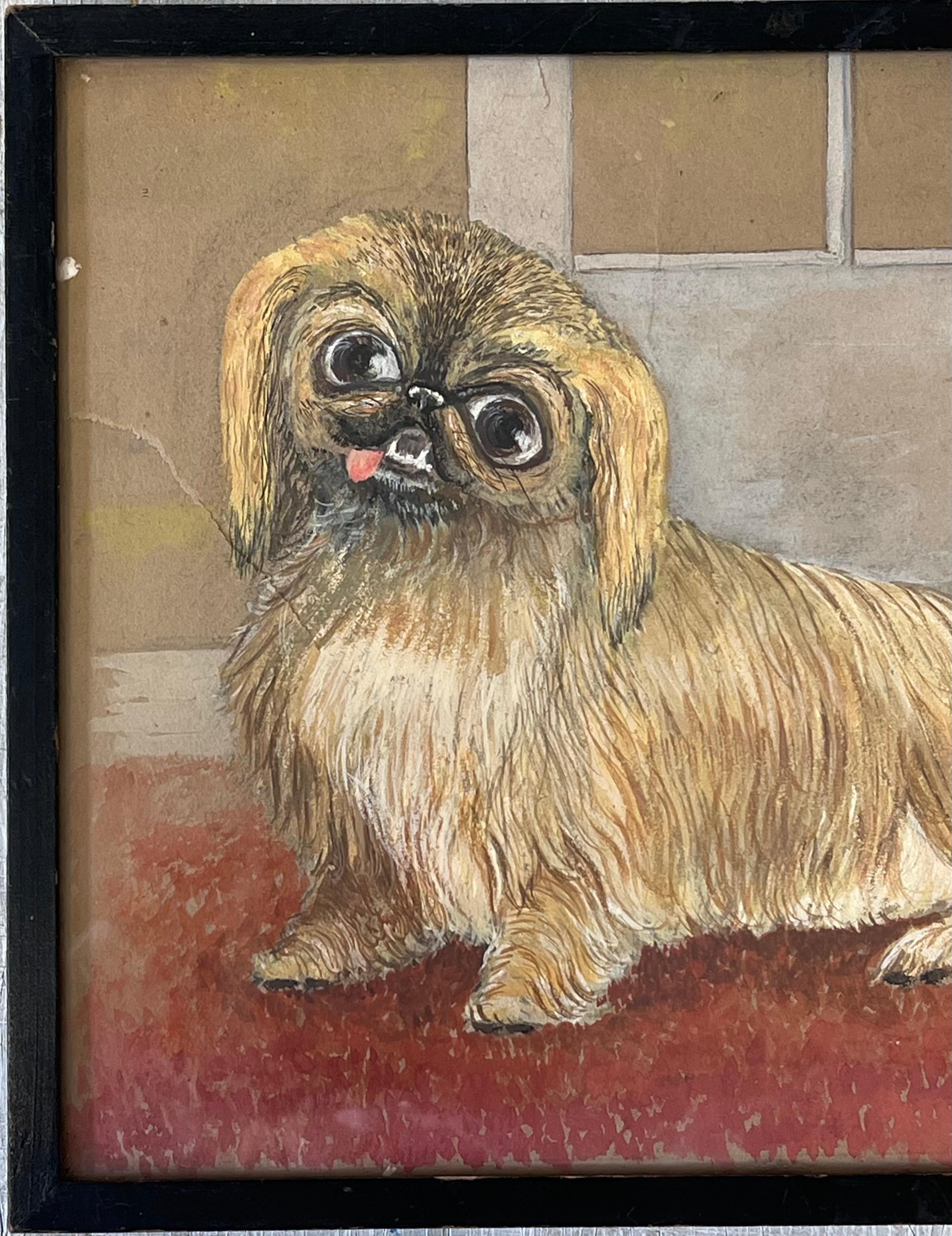 Cane inglese vintage dipinto ad acquerello Ritratto d'arte popolare naif Cane pechinese - Painting Arte popolare di English 1930's