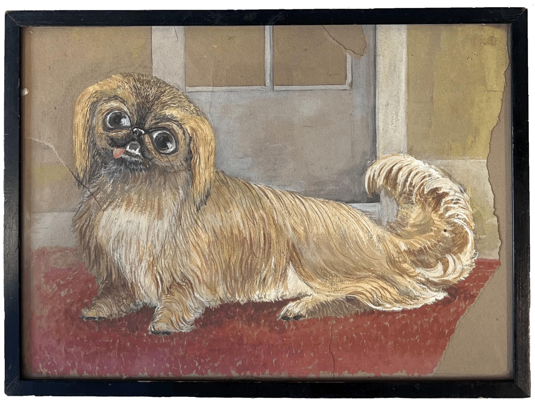 Aquarelle vintage d'un chien pékinois portrait d'art populaire naïf