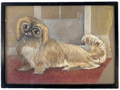 Englisches Vintage-Aquarellgemälde eines chinesischen Hundes, Naive Volkskunst-Porträt, Pekinger Hund