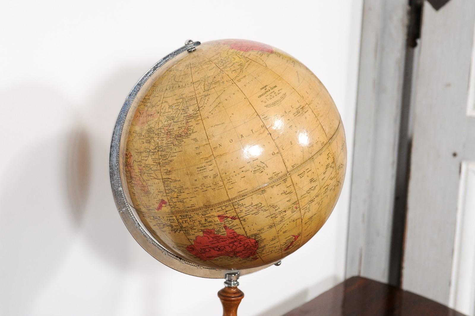 20th Century English 1930s Philips Challenge Terrestrial Globe With Turned Walnut Base For Sale