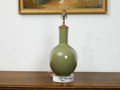 English 1930s Porcelain Table Lamp with Crackled Green Finish and Lucite Base