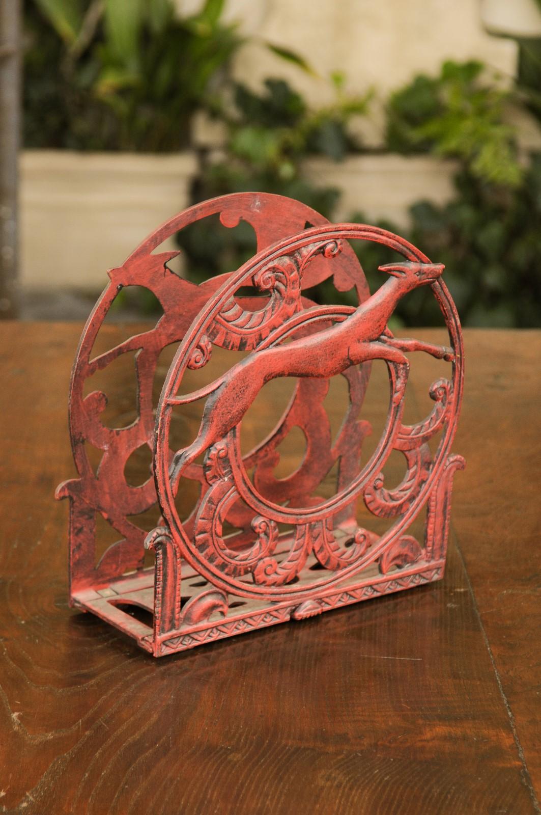 English 1930s Red Painted Metal Magazine Rack with Medallions and Greyhounds For Sale 3