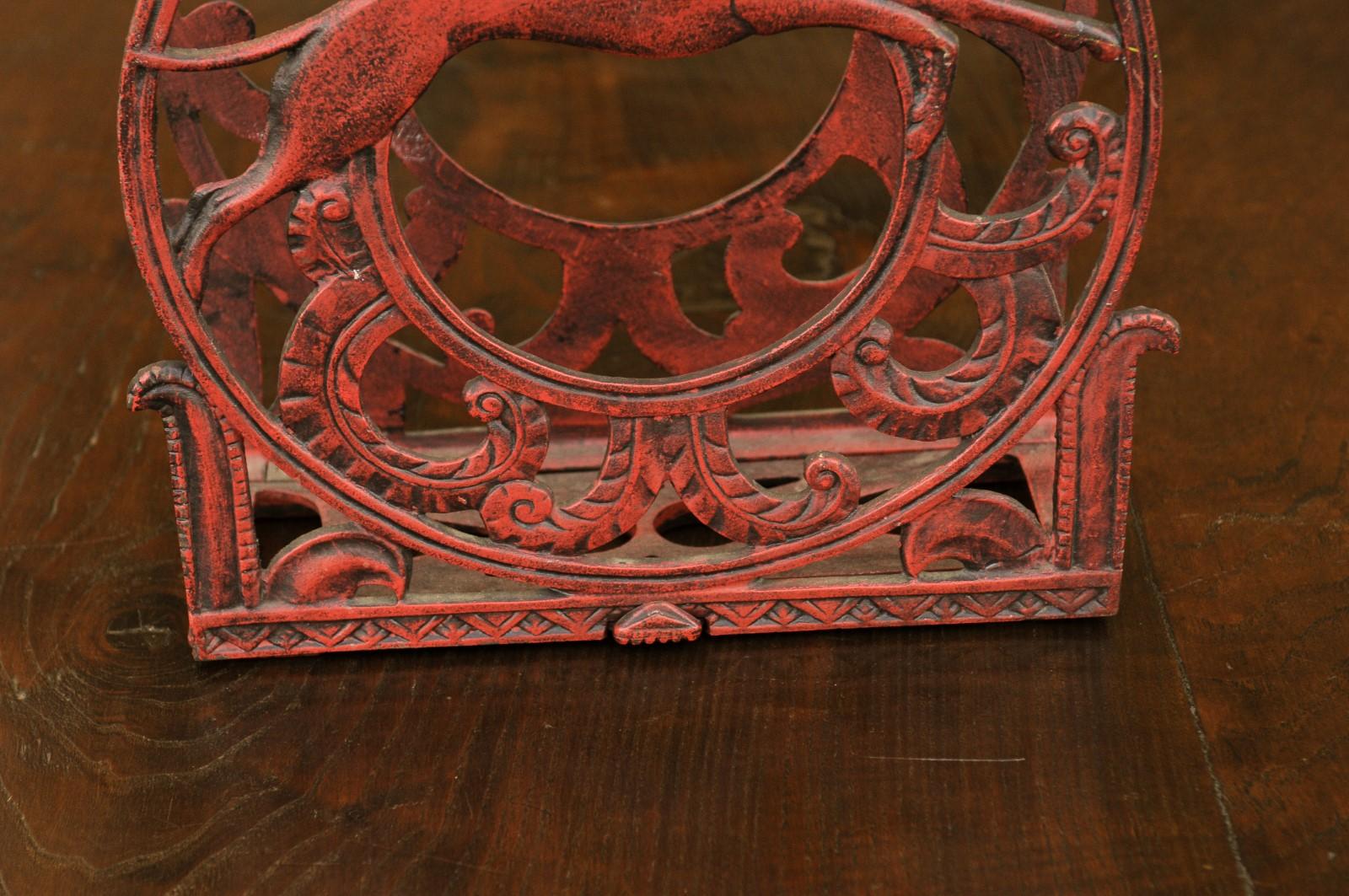 English 1930s Red Painted Metal Magazine Rack with Medallions and Greyhounds For Sale 1