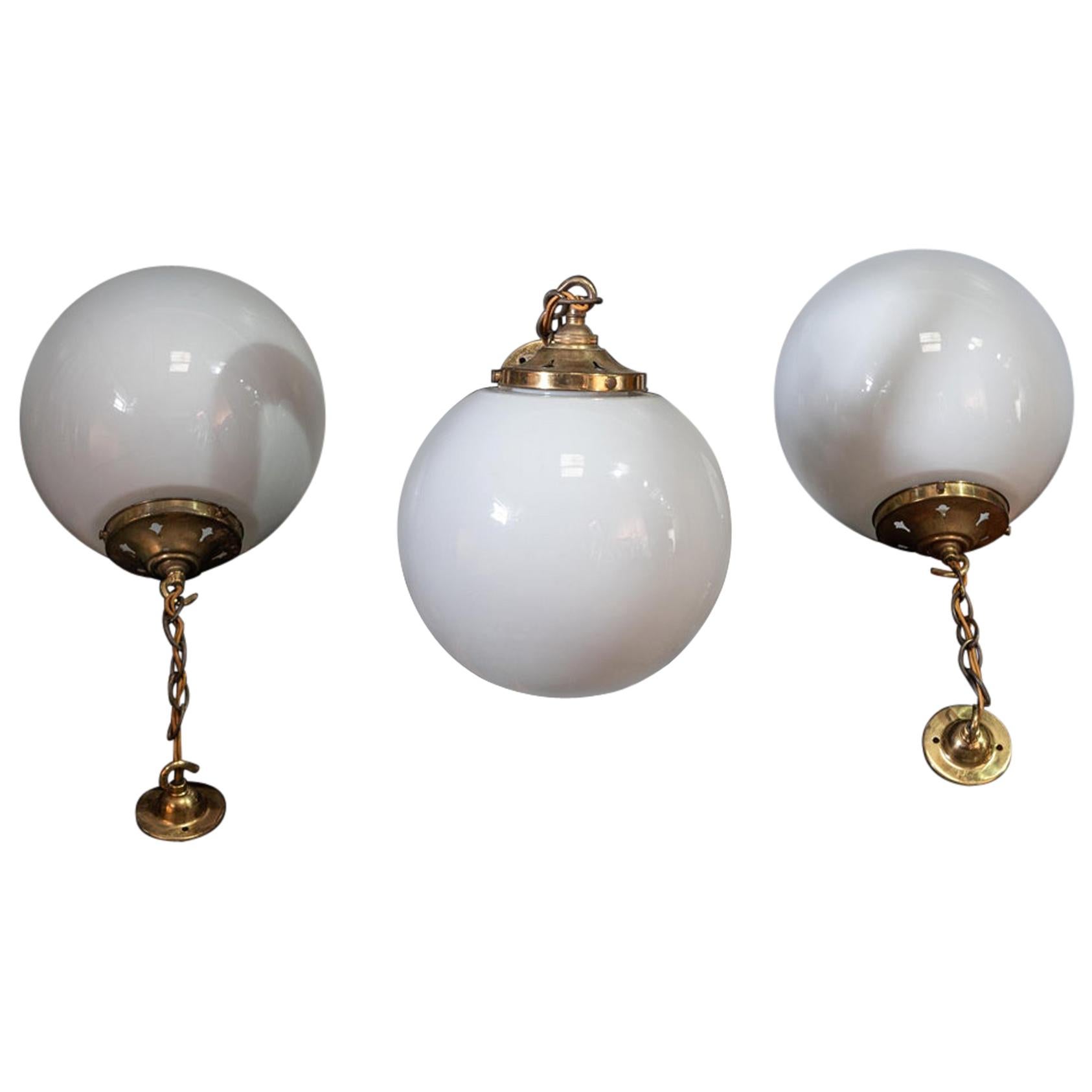 English 1930s Set of Three Opaline Globe Pendants