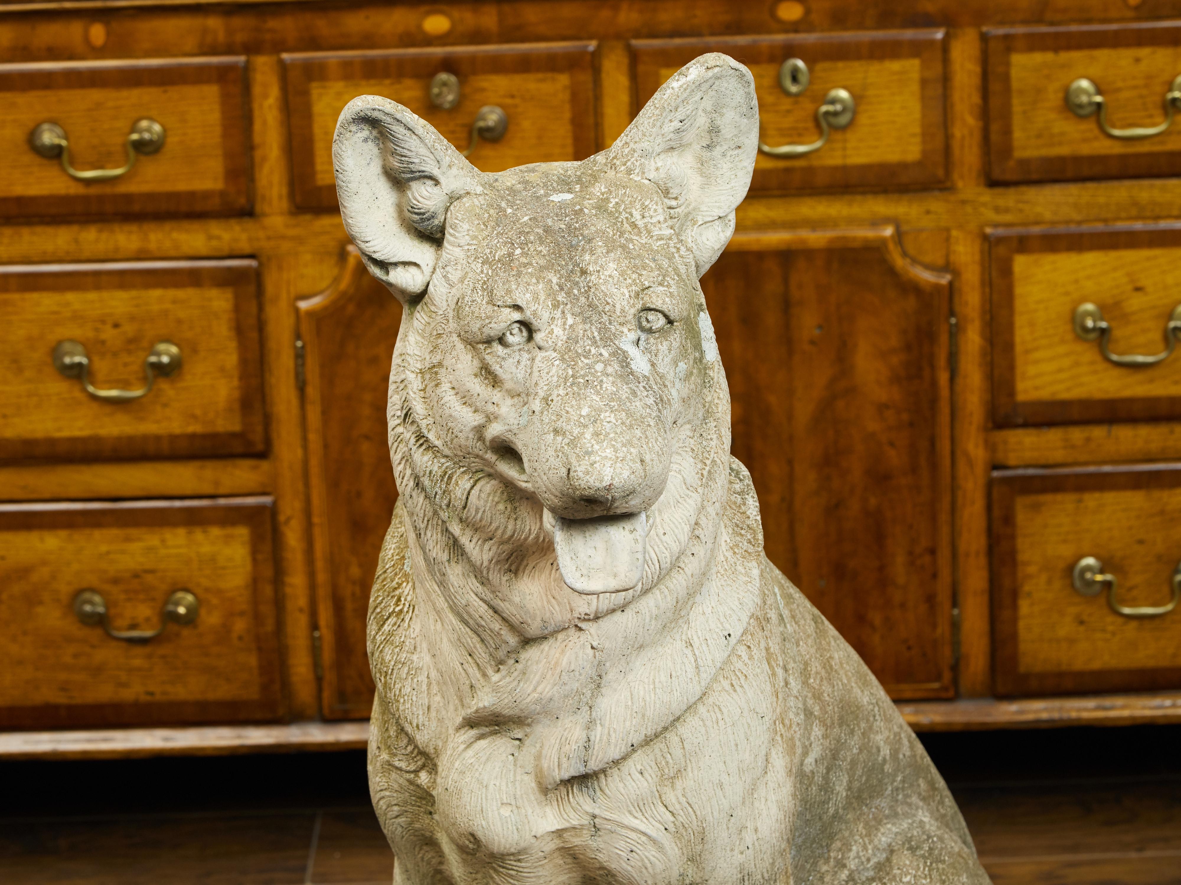 English 1940s Carved Stone German Shepherd Sculpture with Weathered Patina In Good Condition In Atlanta, GA