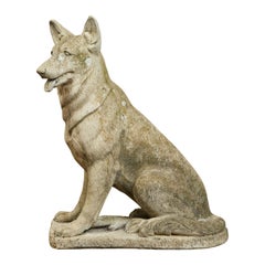 English 1940s Carved Stone German Shepherd Sculpture with Weathered Patina