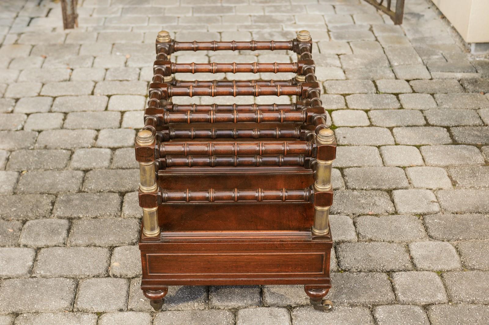 English 1940s Mahogany Magazine Rack on Casters with Faux Bamboo Accents For Sale 3