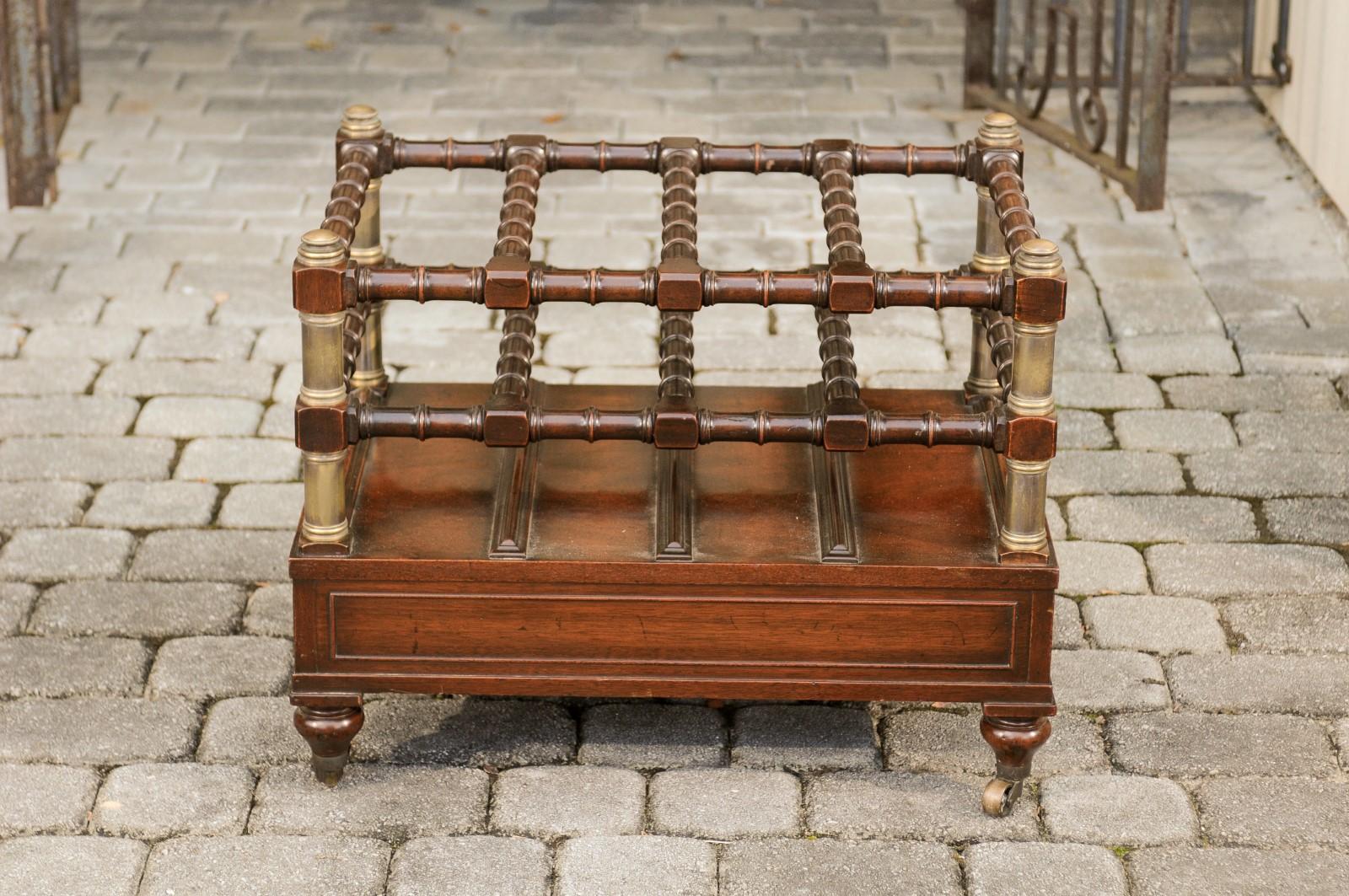 English 1940s Mahogany Magazine Rack on Casters with Faux Bamboo Accents For Sale 5