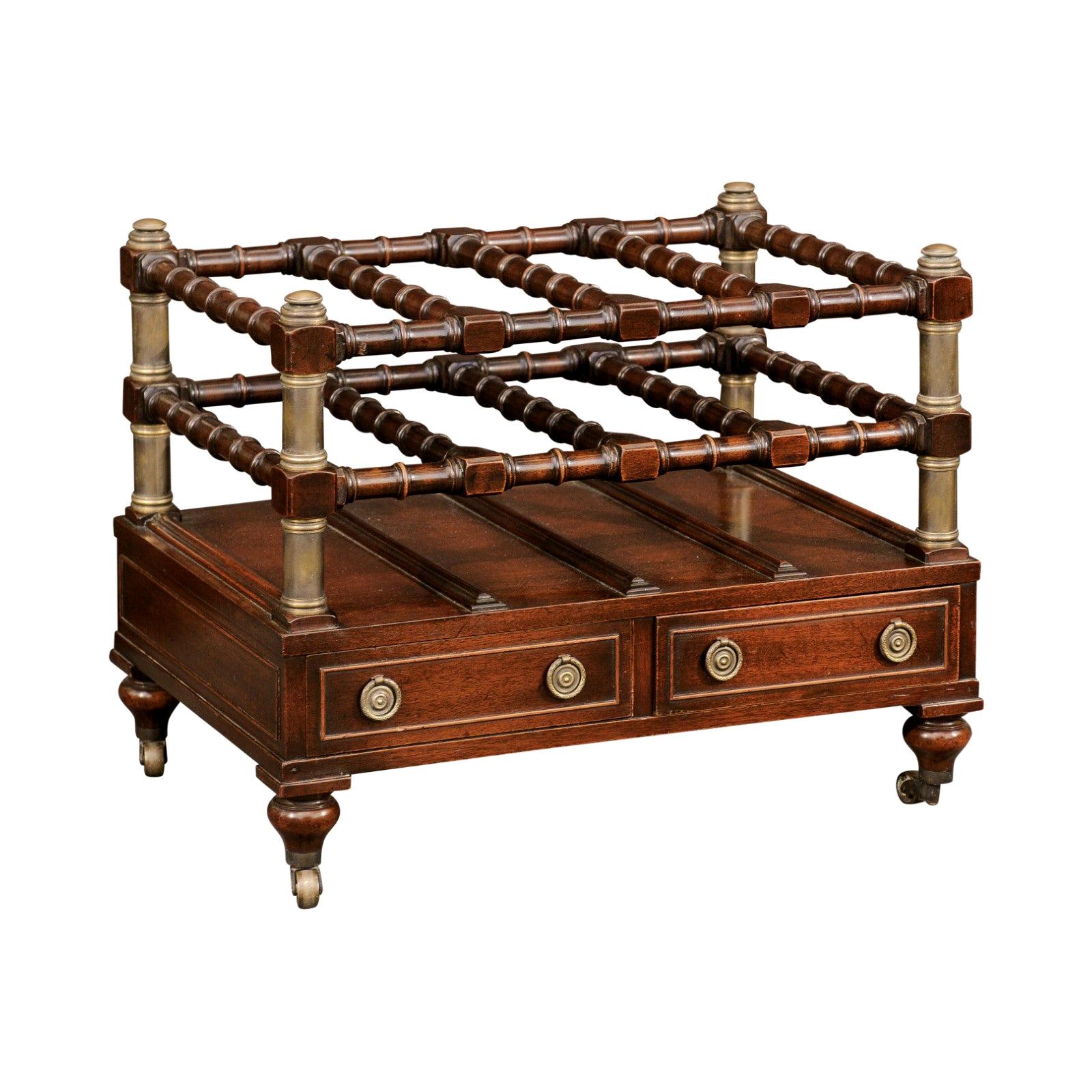 English 1940s Mahogany Magazine Rack on Casters with Faux Bamboo Accents