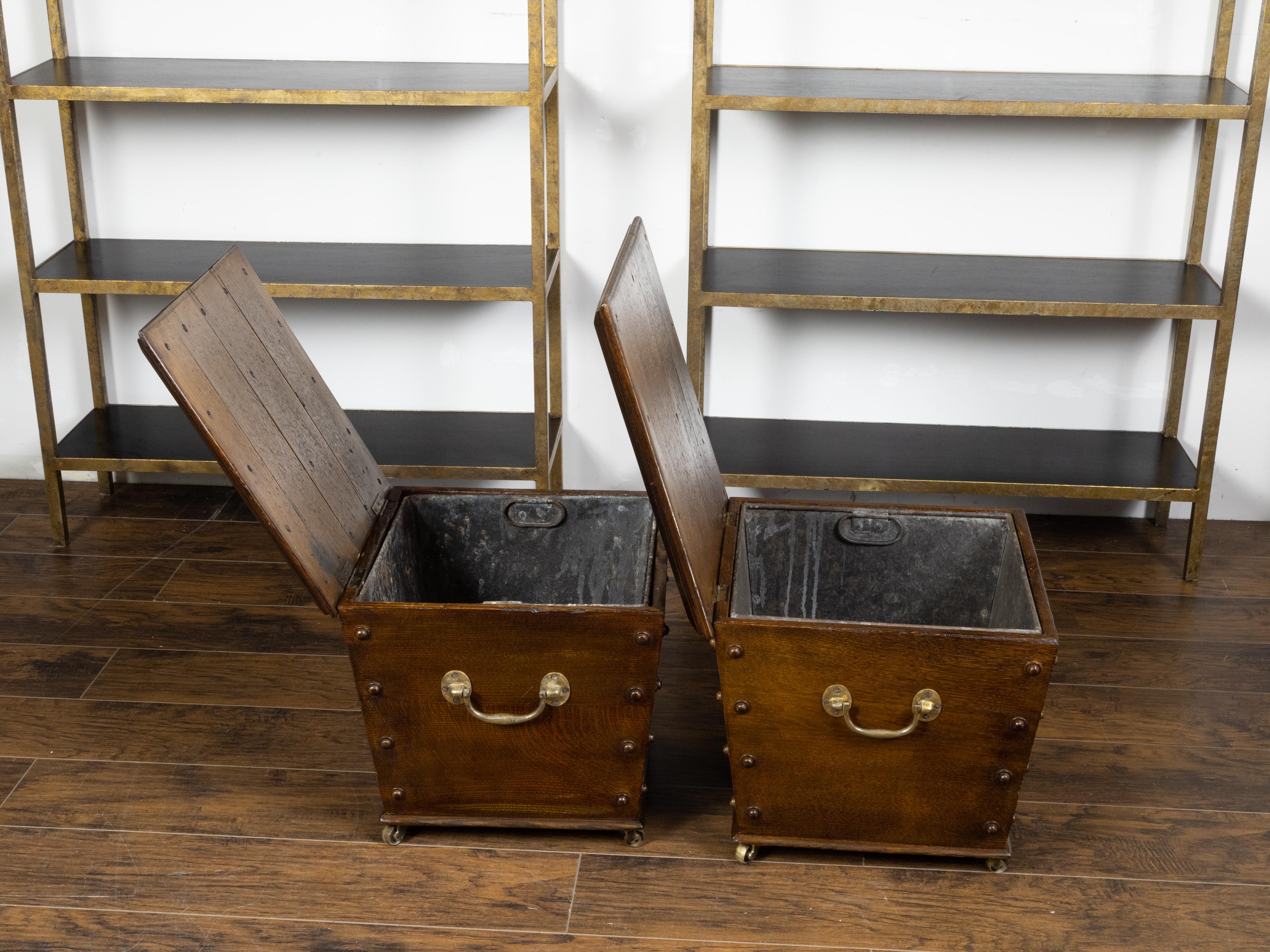 English 1940s Vintage Oak Cellarettes with Brass Handles and Casters, Sold Each 1