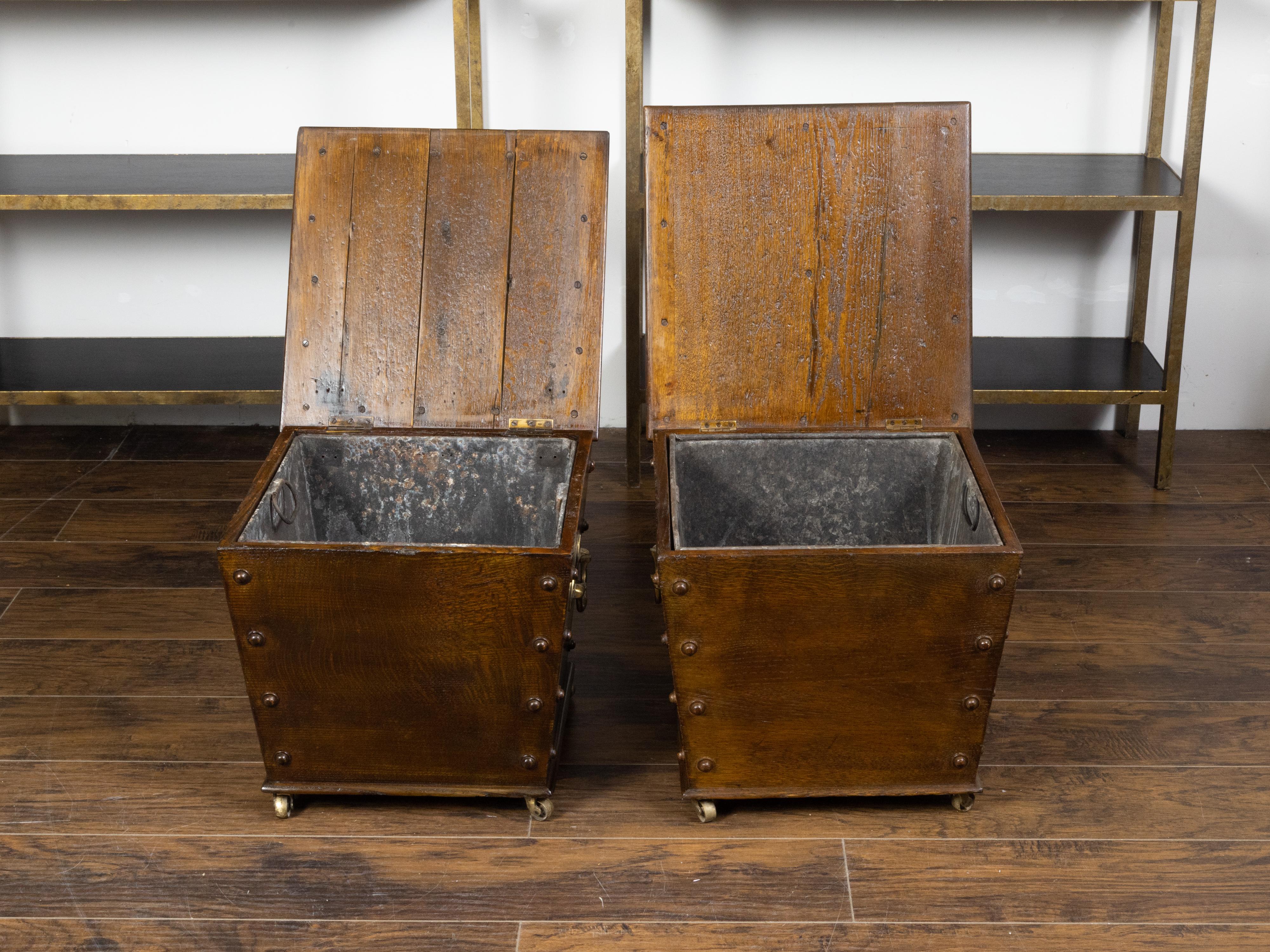 English 1940s Vintage Oak Cellarettes with Brass Handles and Casters, Sold Each 3