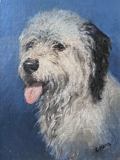 Head Portrait of Old English Sheep Dog Signed Vintage English Oil Painting