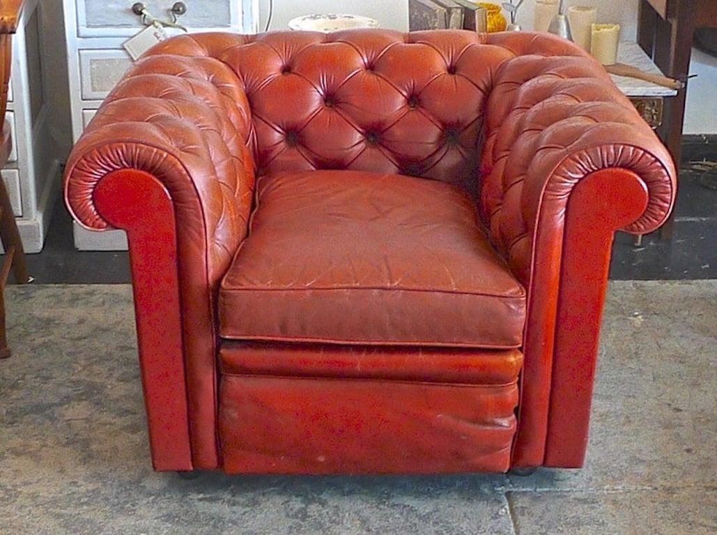 English 1950s Pegasus Leather Armchair on Four Castors In Distressed Condition For Sale In Santa Monica, CA
