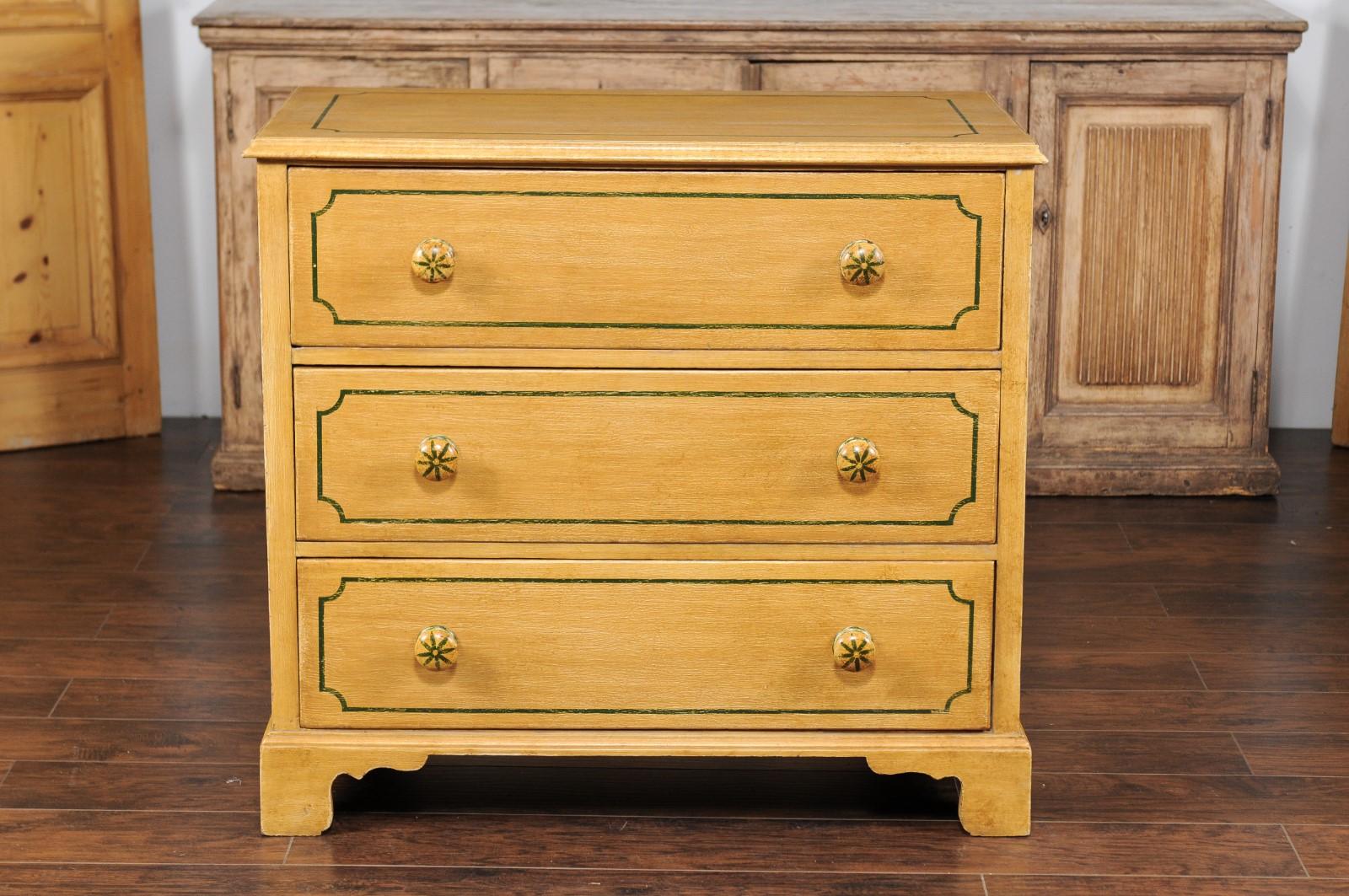 English 1950s Vintage Painted Three-Drawer Commode with Yellow Painted Finish 6
