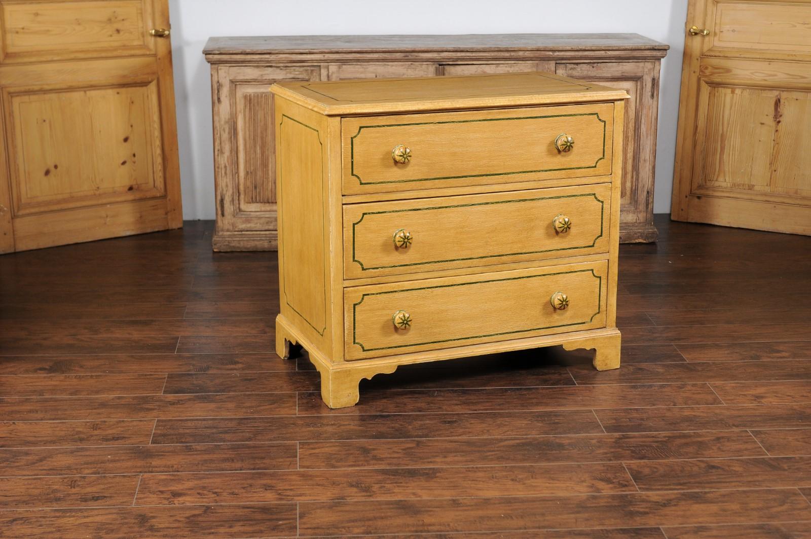 Mid-Century Modern English 1950s Vintage Painted Three-Drawer Commode with Yellow Painted Finish