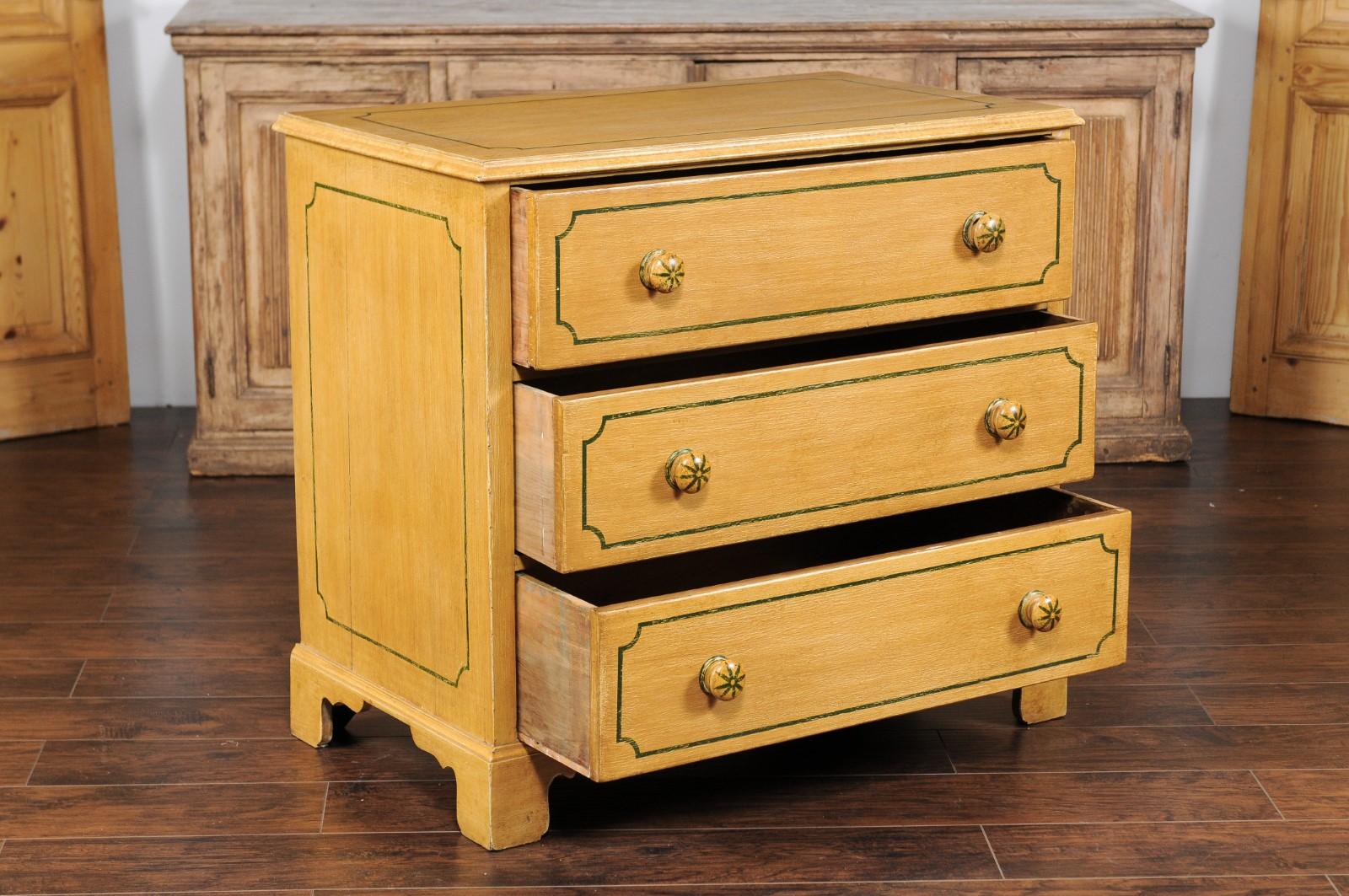 Wood English 1950s Vintage Painted Three-Drawer Commode with Yellow Painted Finish