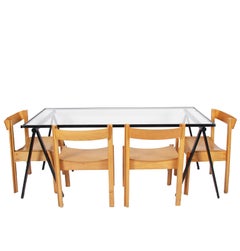 English 1960s Glass Trestle Table and Dining Table with Steel Legs