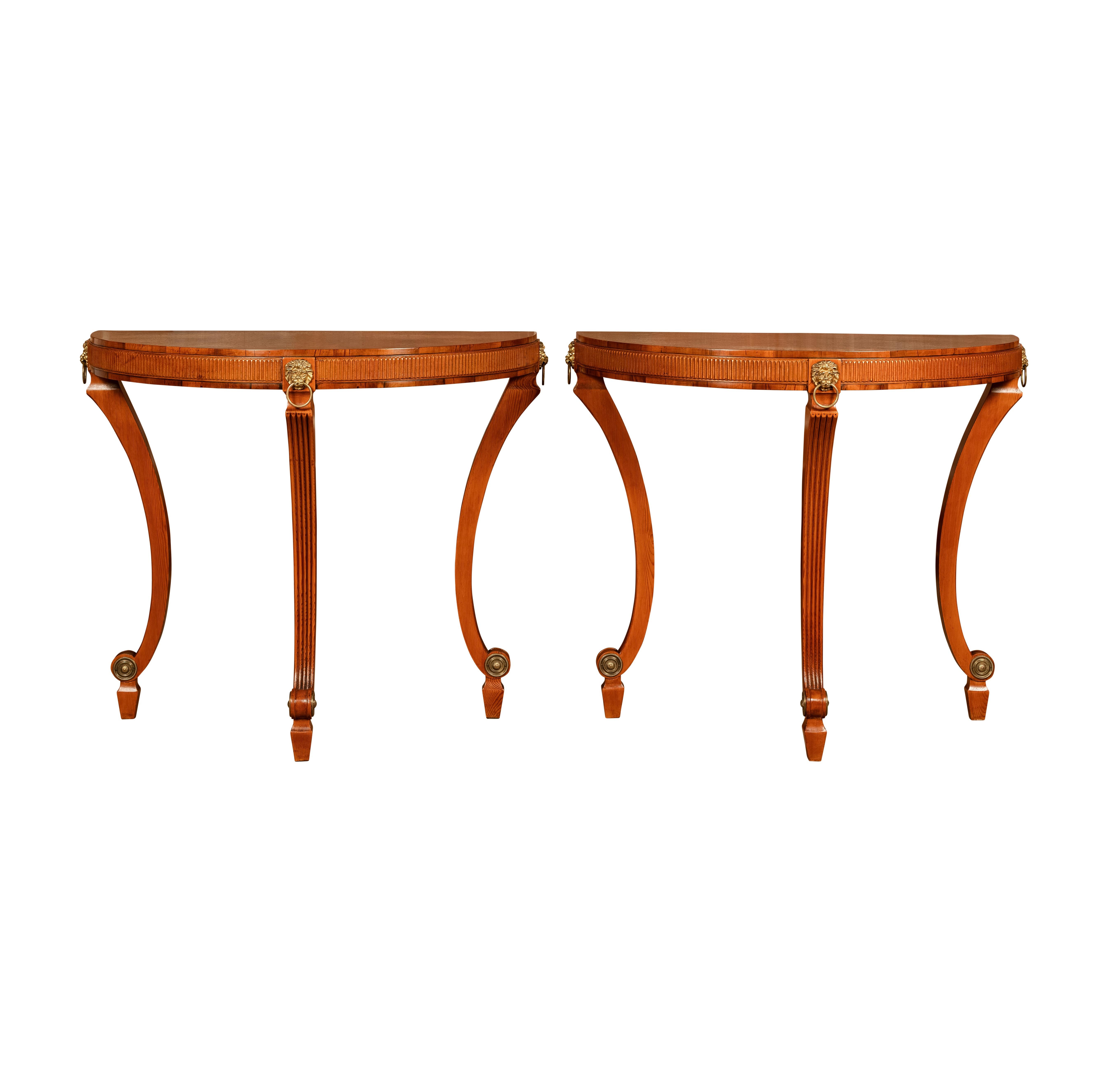 English 1960s Yew, Pine and Giltwood Demilune Console Tables, a Pair For Sale 15